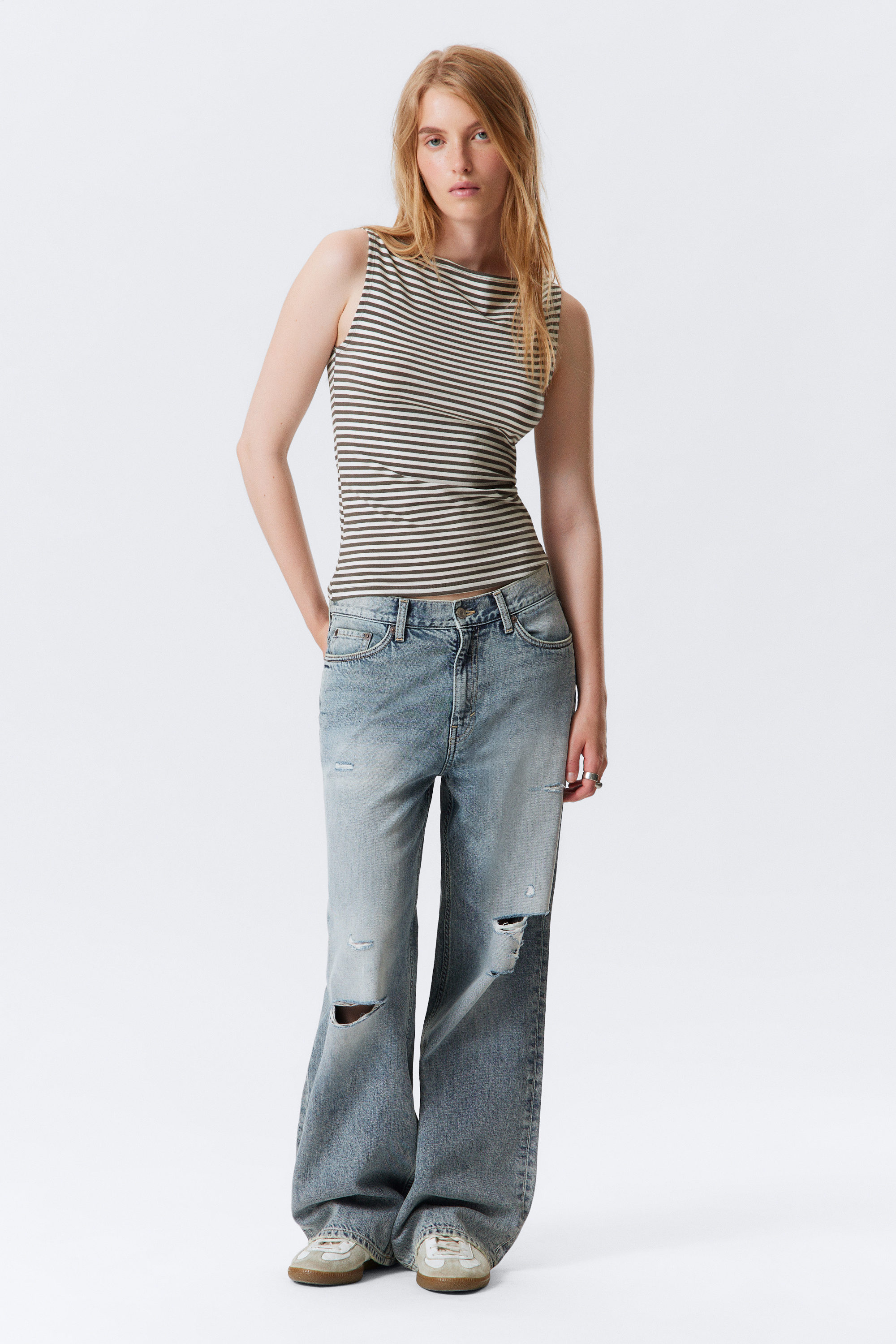 Grey & White Stripes - Annie Striped Sleeveless Boat-Neck Top - 2
