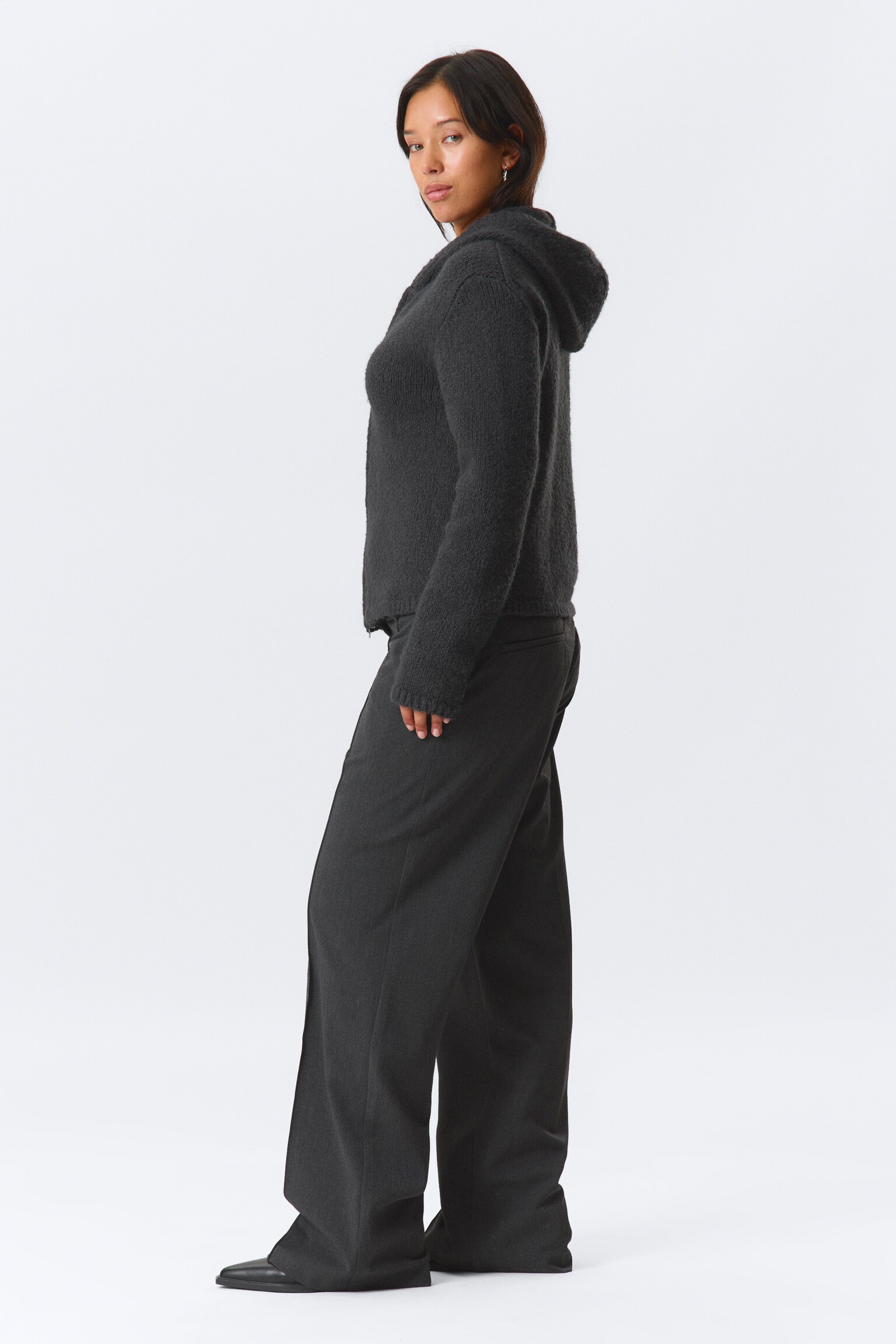 Pantalone sartoriale dritto a vita bassa - Grigio scuro mélange/Nero - 4