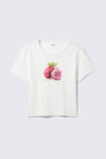 White - Dragon Fruit - Cropped Printed Ribbed Cotton T-shirt - 3