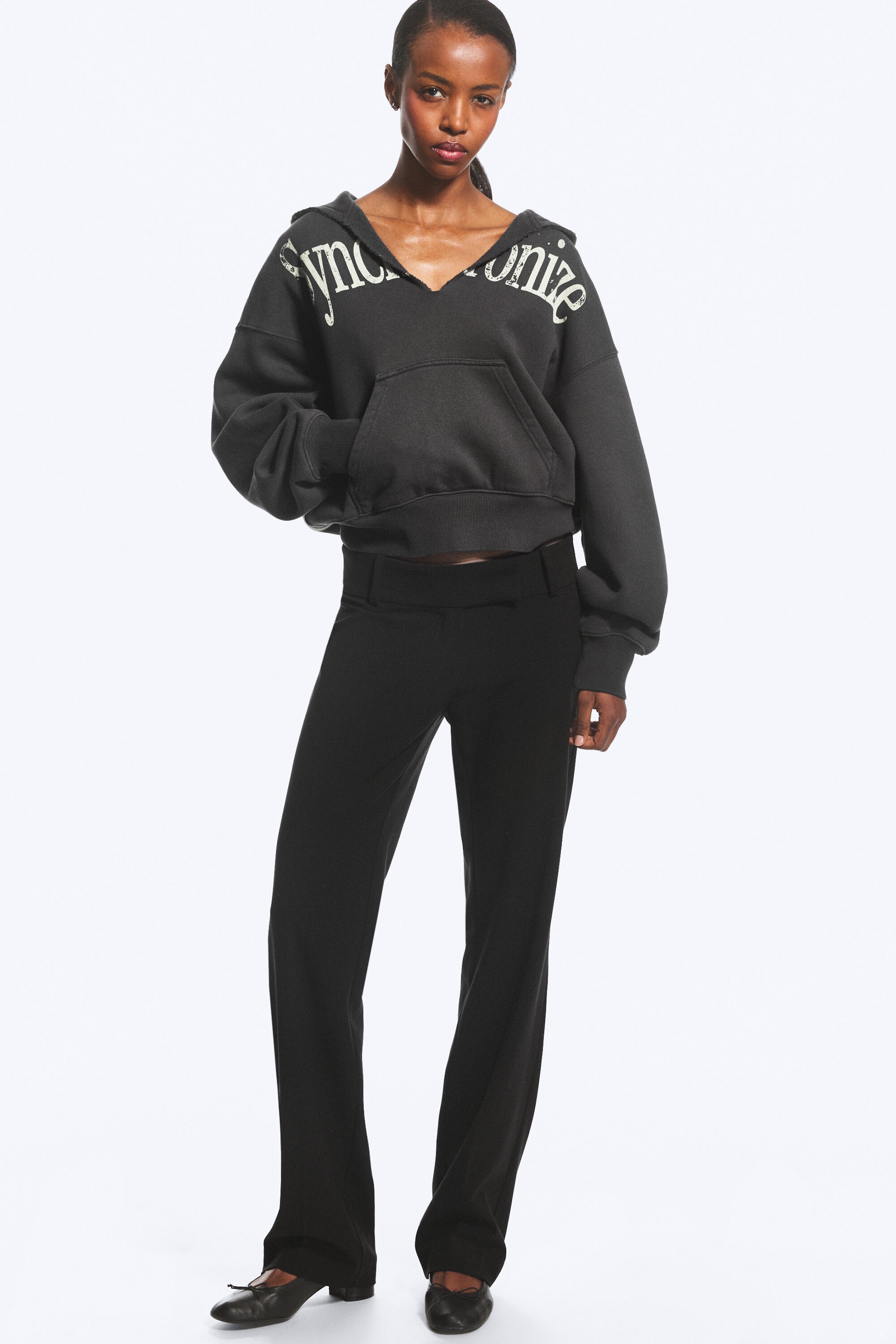 Dark Grey - Synchronize - Oversized Printed V-Neck Hoodie - 2