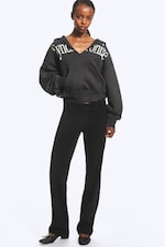 Dark Grey - Synchronize - Oversized Printed V-Neck Hoodie - 2