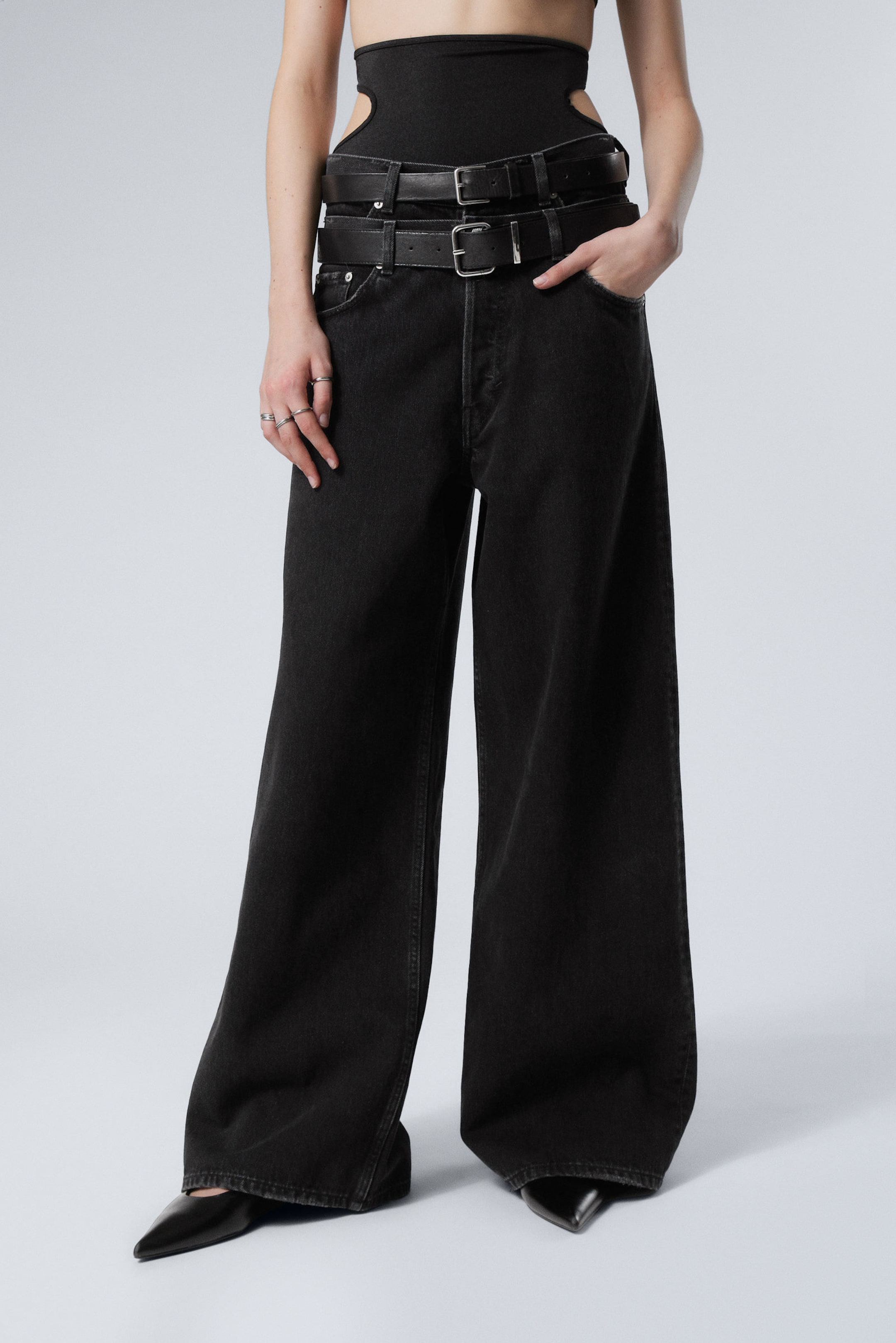 Tuned Black - Schwarz - Dual High Waisted Loose Wide Leg Jeans - 2