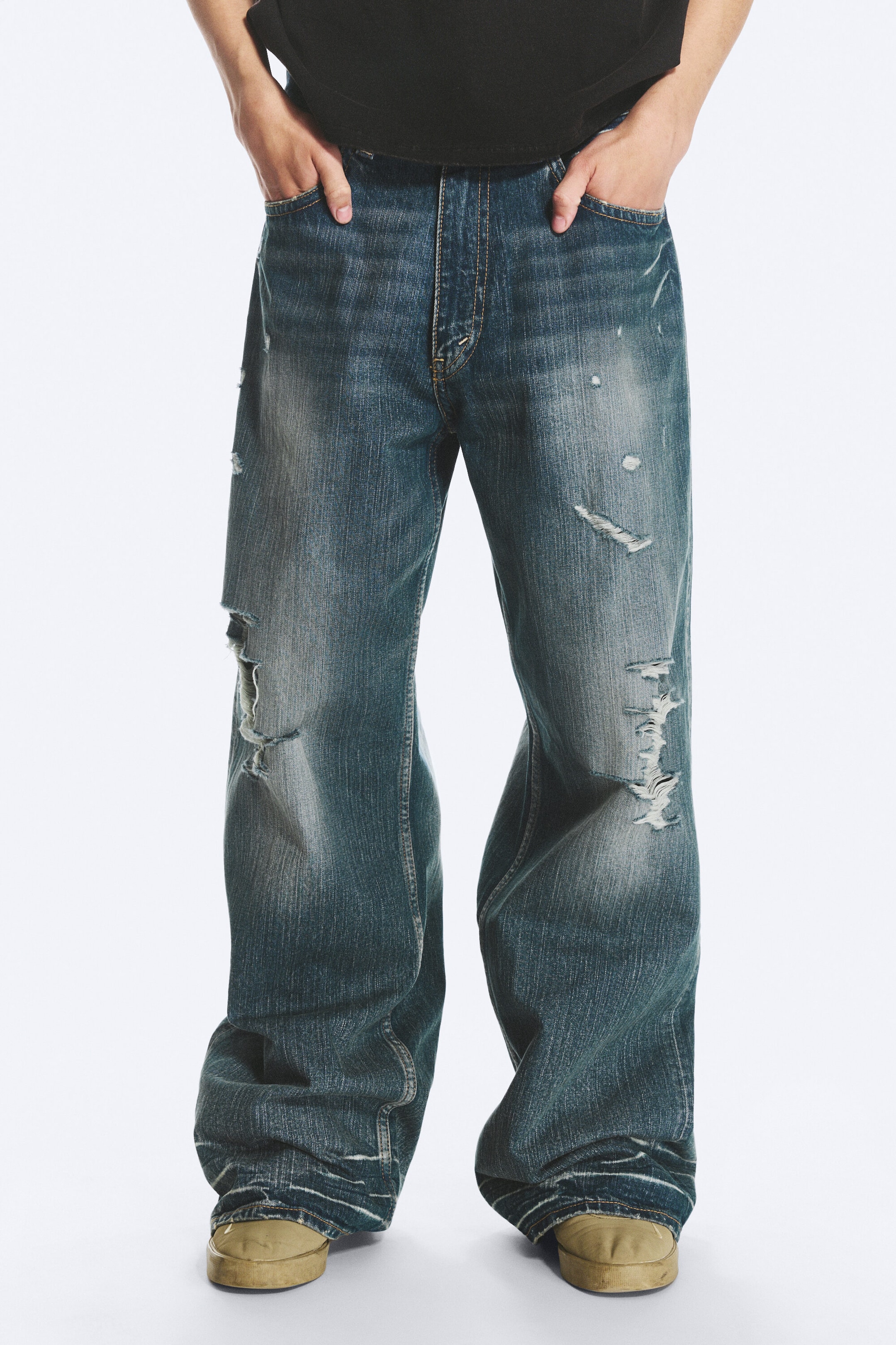 Streaky Blue - Medium Blue - Looser Regular Waist Loose Straight Jeans - 2