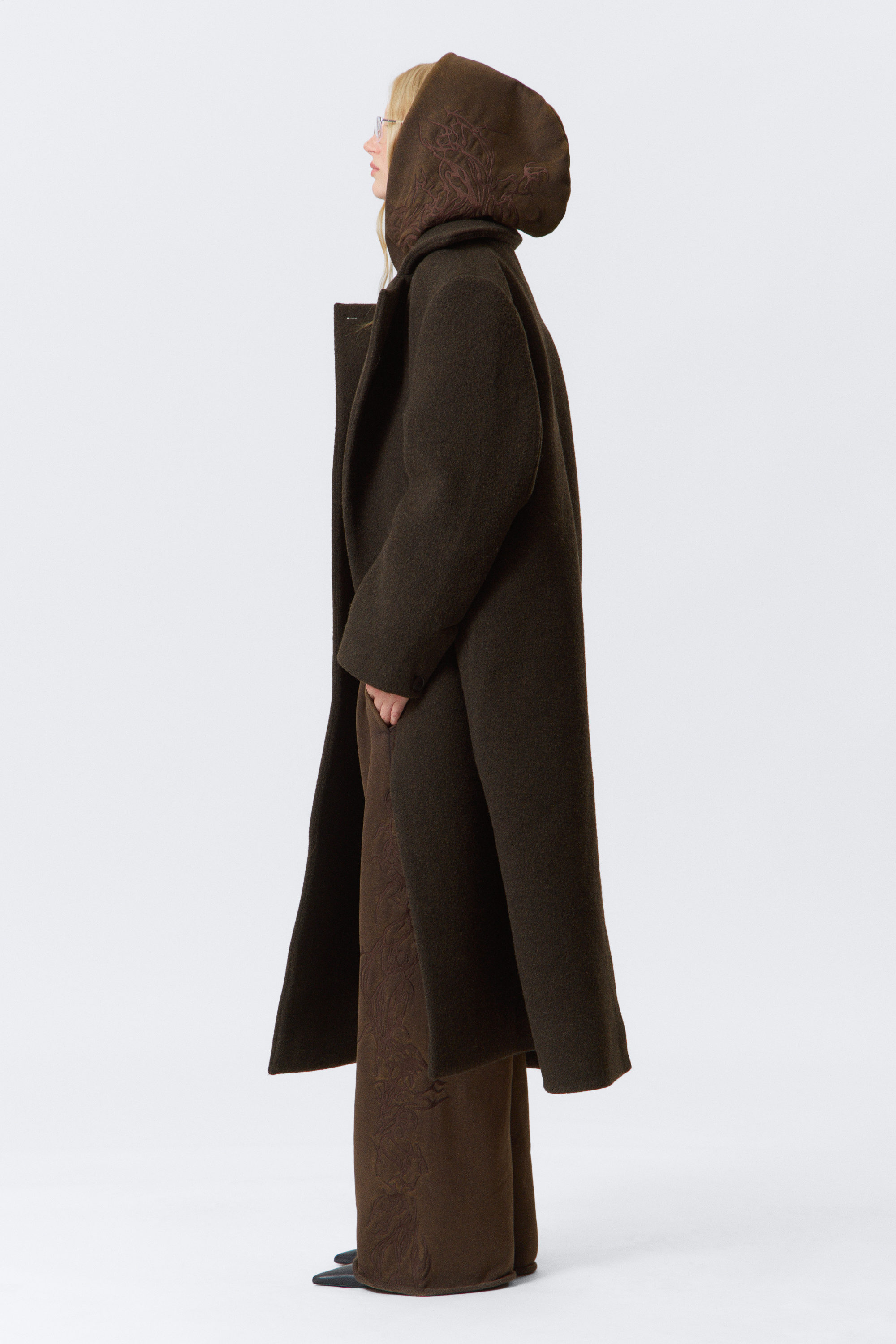 Dark Brown Melange - Oversized Double-Breasted Wool Blend Coat - 3