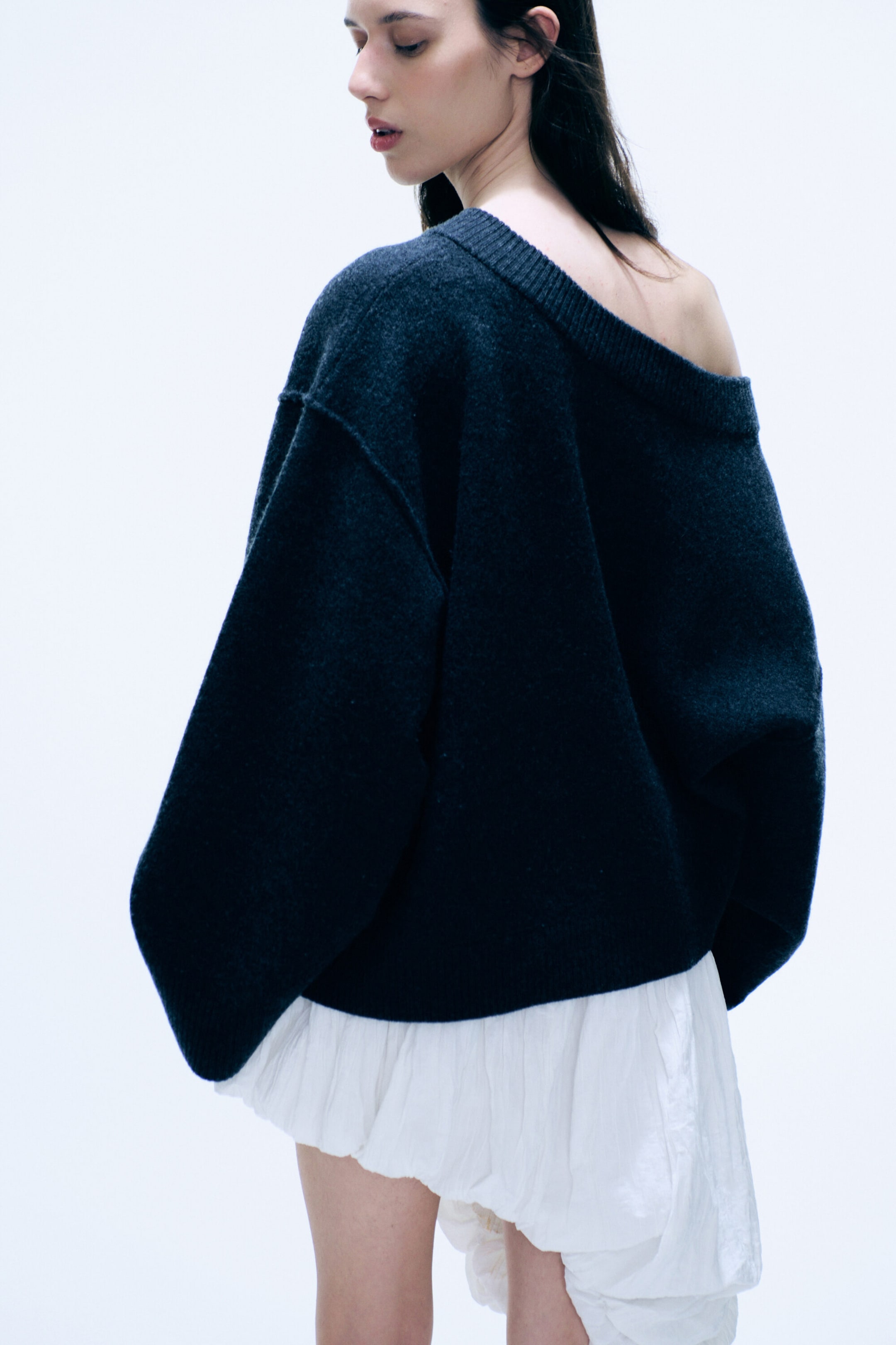 Dark Grey Melange - Asymmetric V-line Knitted Sweater - 2