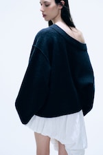 Dark Grey Melange - Asymmetric V-line Knitted Sweater - 2