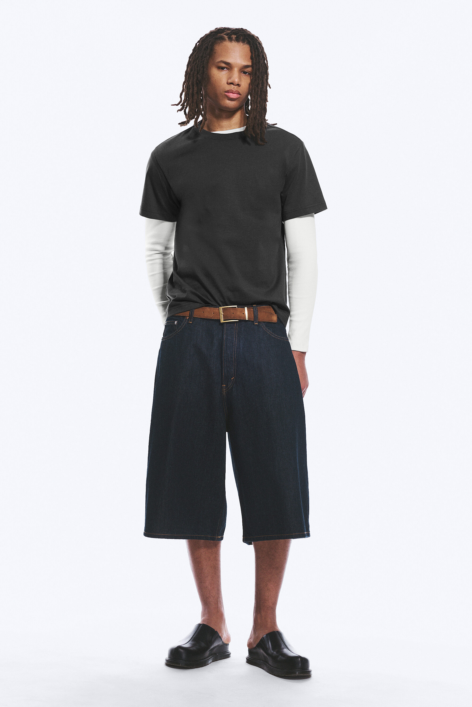 void mid rise loose long denim shorts - Blue Rinse - Dark Blue