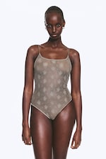 Transparent Dusty Grey - Sheer Lace Low‑Back Bodysuit - 0