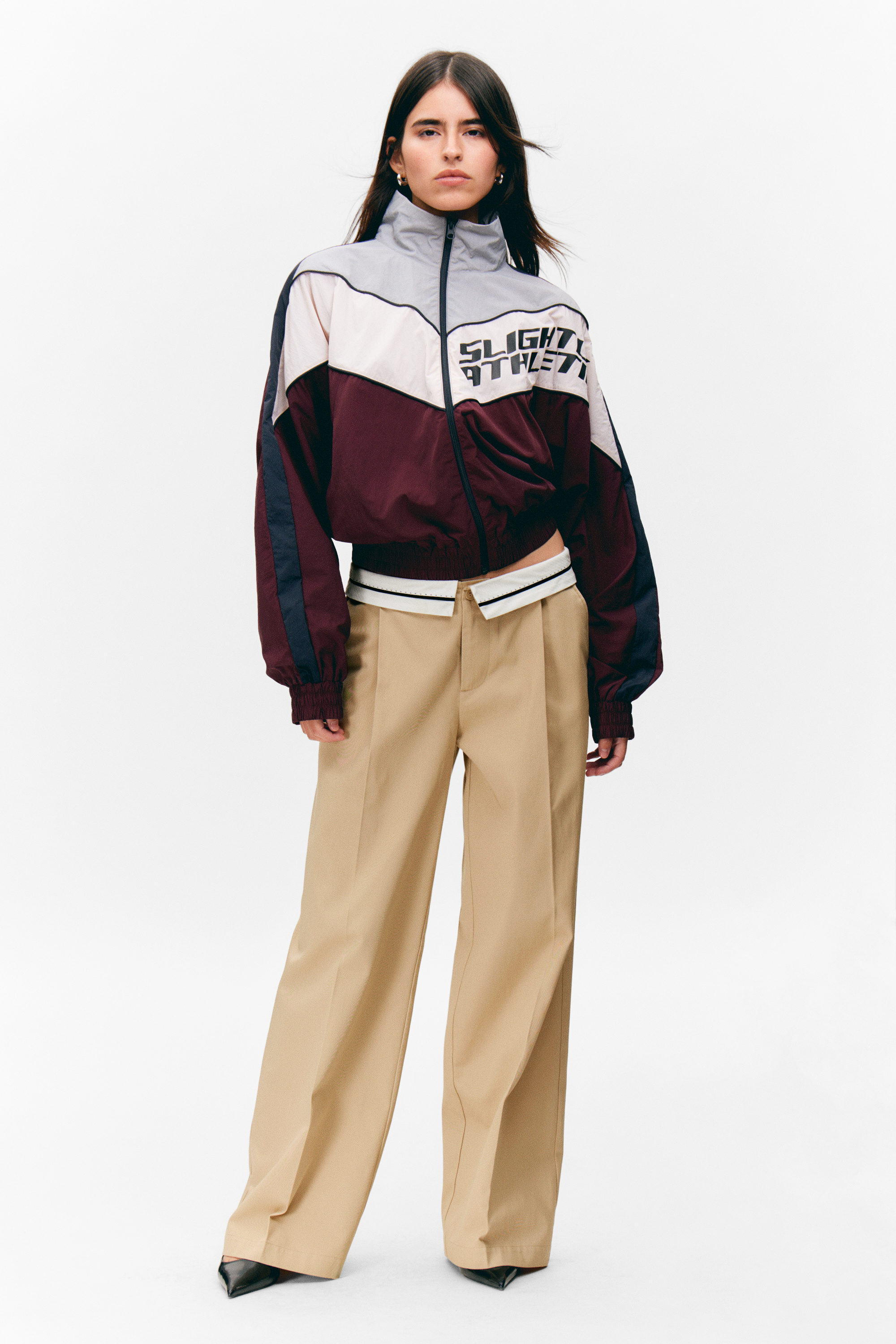 Beige - Low Rise Folded Waist Twill Trousers - 1