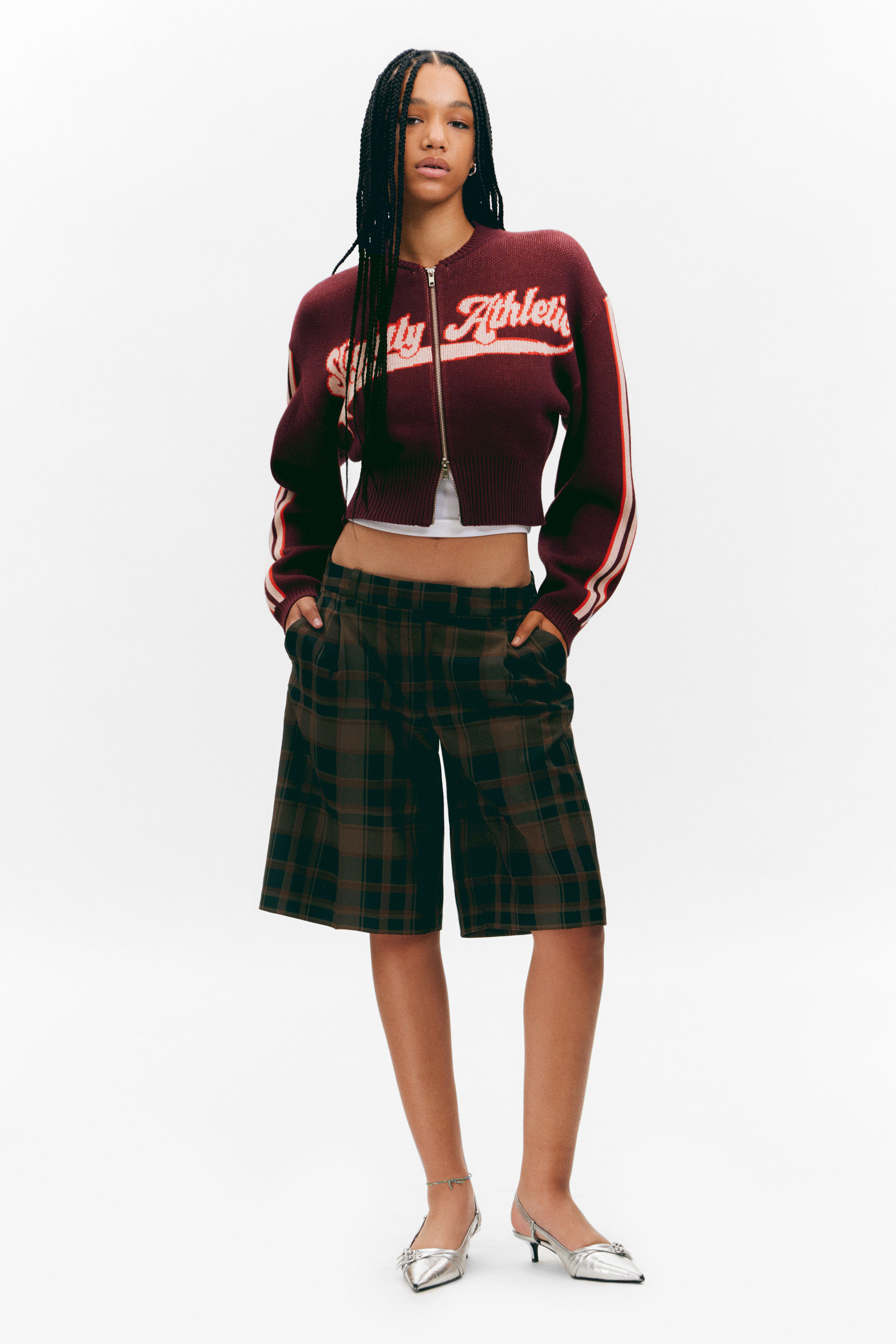 Dark Red - Slightly Athletic - Cropped jacquard vest met rits - 2