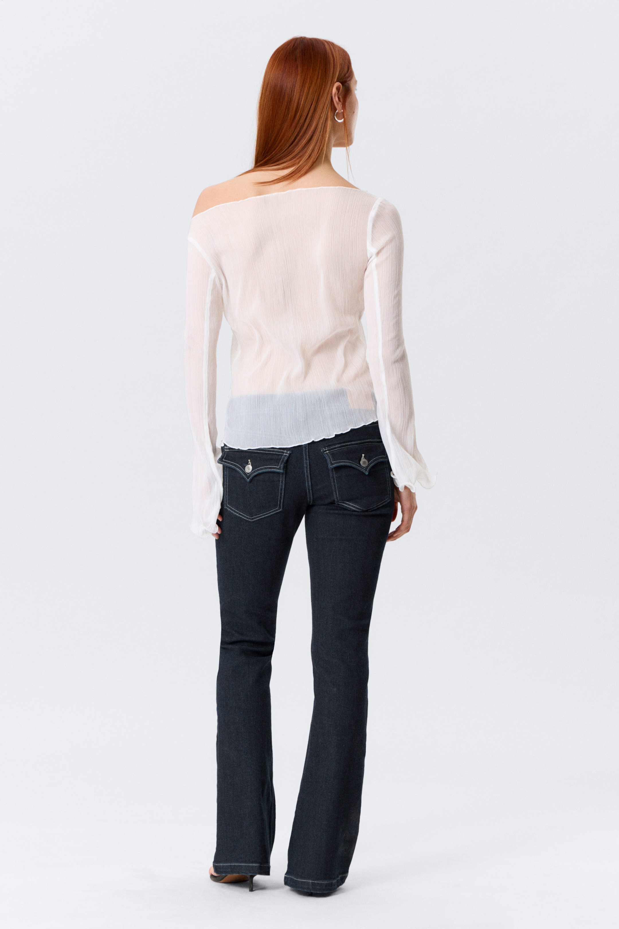 White - Sheer Boat-Neck Flared Sleeve Blouse - 2