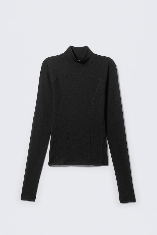 Top de cuello alto de malla de manga larga - Negro - 1