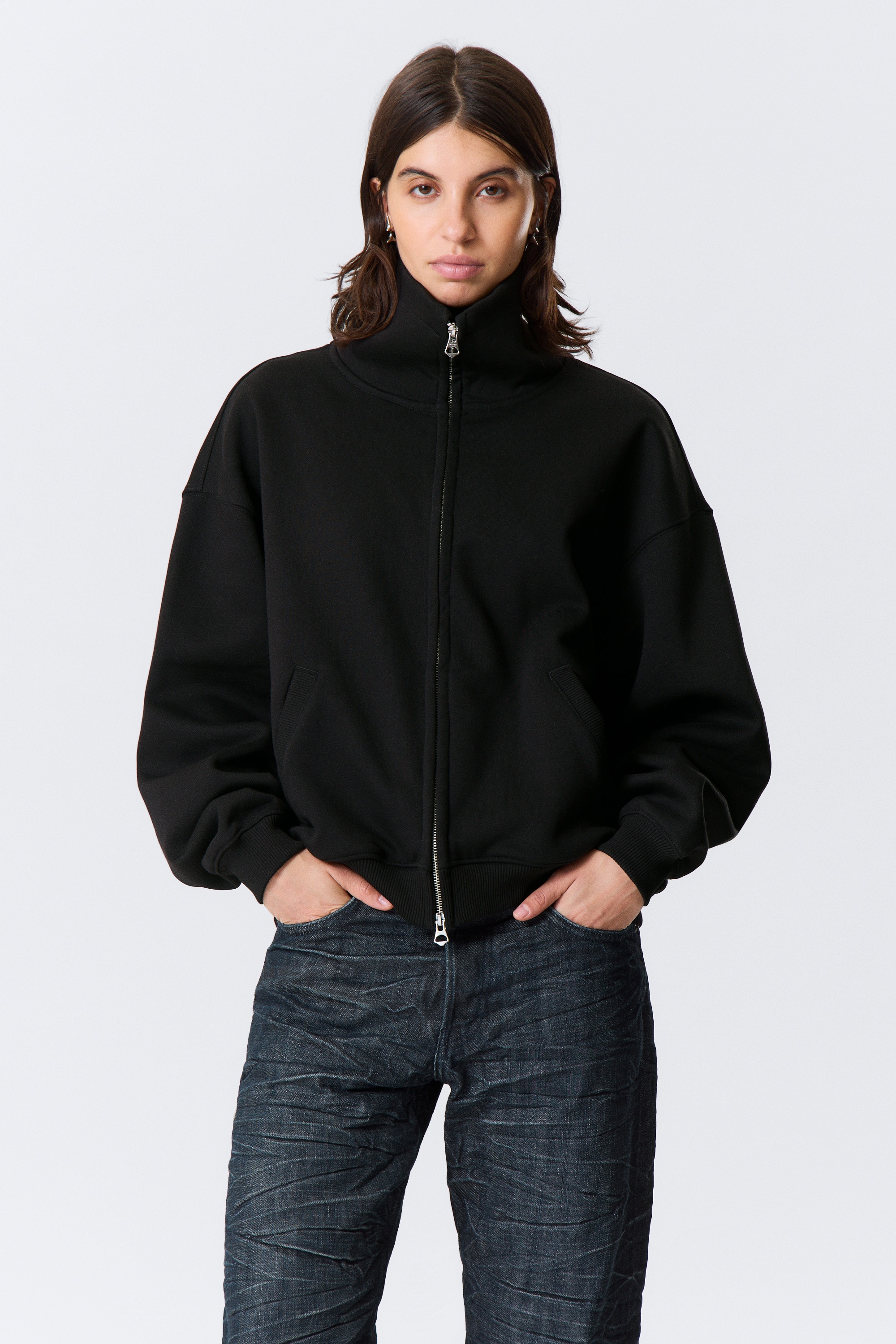 Loose Funnel Neck Zip Cardigan - Černá/šedý melír