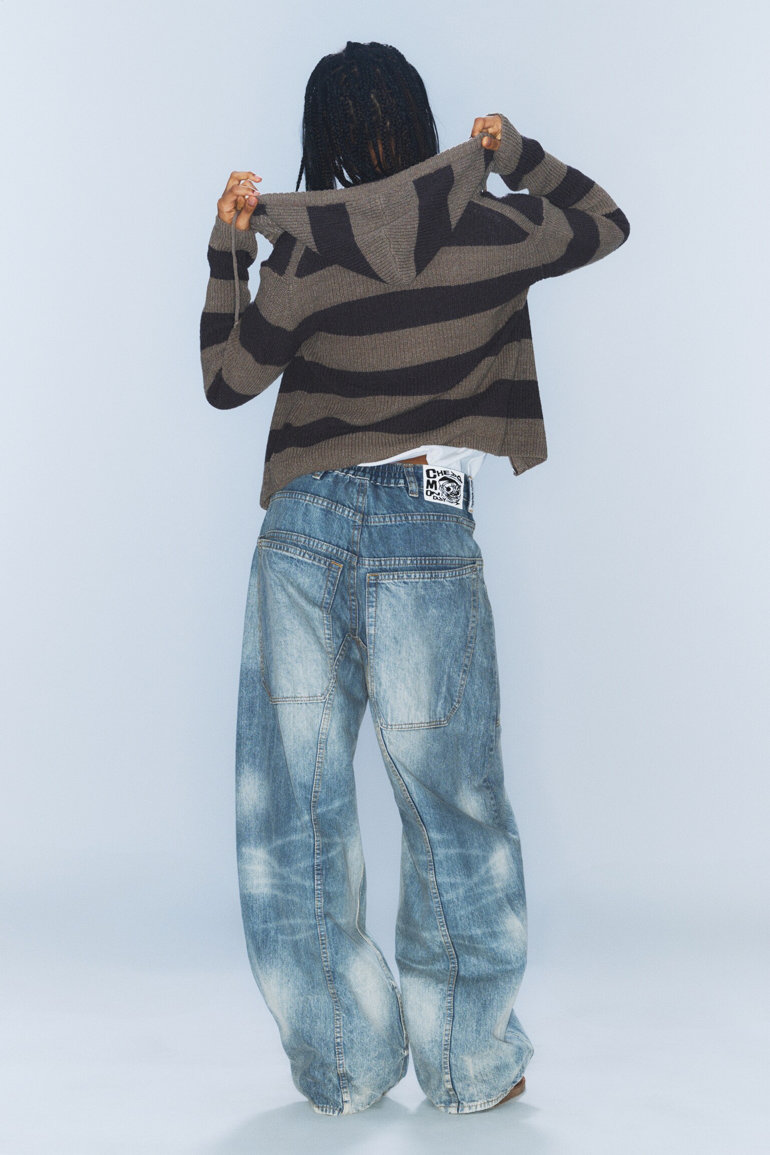 Dunno Loose Barrel Leg Jeans taille basse unisexe - Cloudy Blue - Medium Blue/Black Rinse - Noir - 3