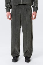 Dark Grey - Mid Rise Loose Straight Leg Velour Track Pants - 1