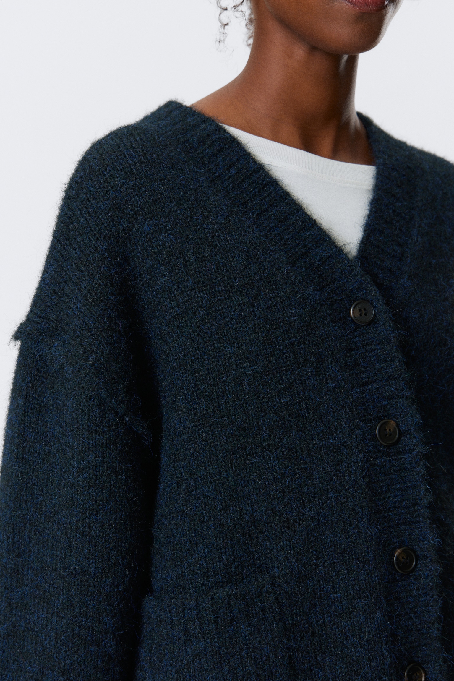 Loose Fit Knitted V-neck Cardigan - Dark Blue/Grey Melange/Dark Brown Melange - 5