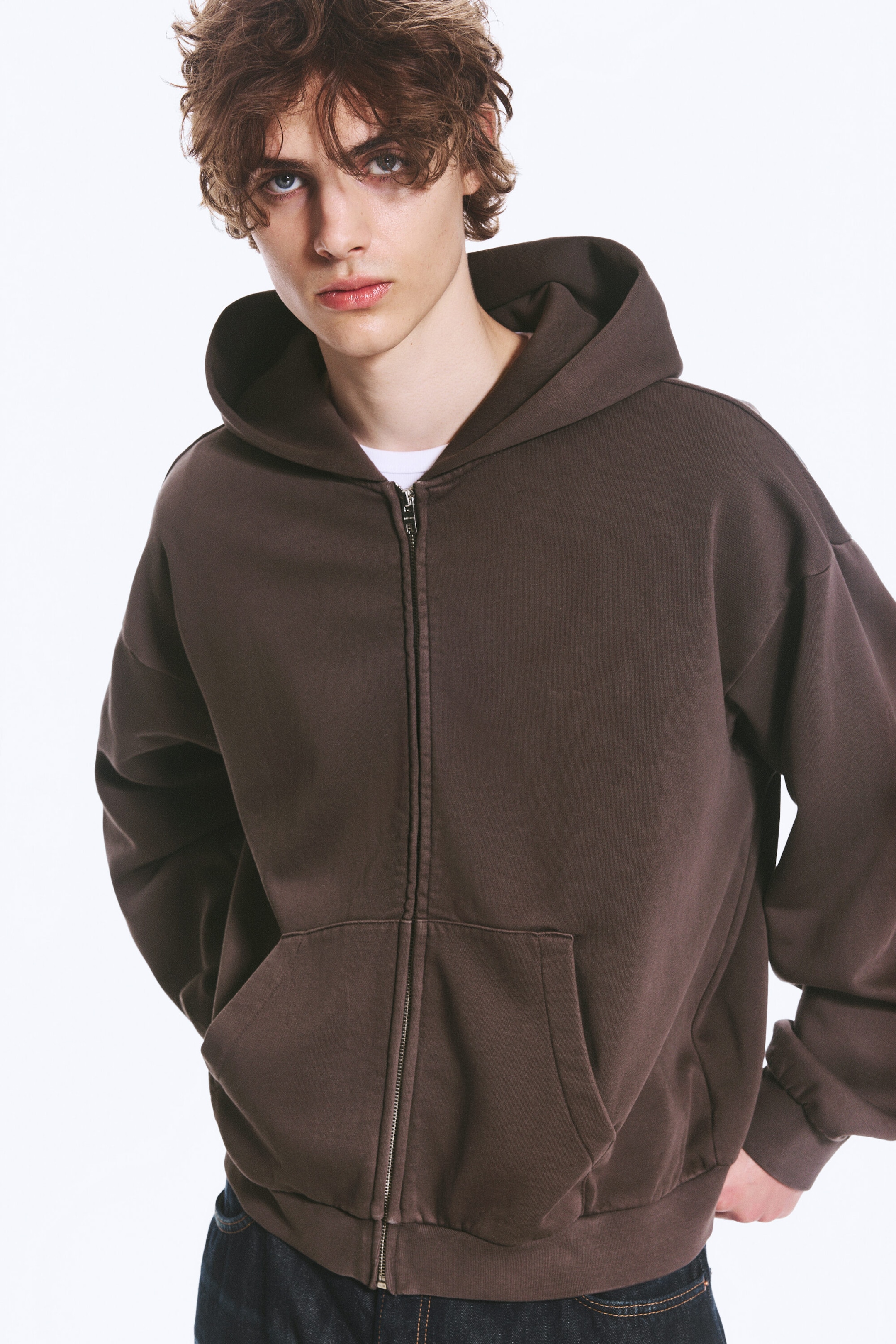 Marron foncé - Sweat à capuche zippé ample - 2