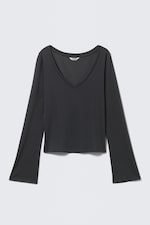 Washed Black - Long-Sleeved V-neck Top - 4