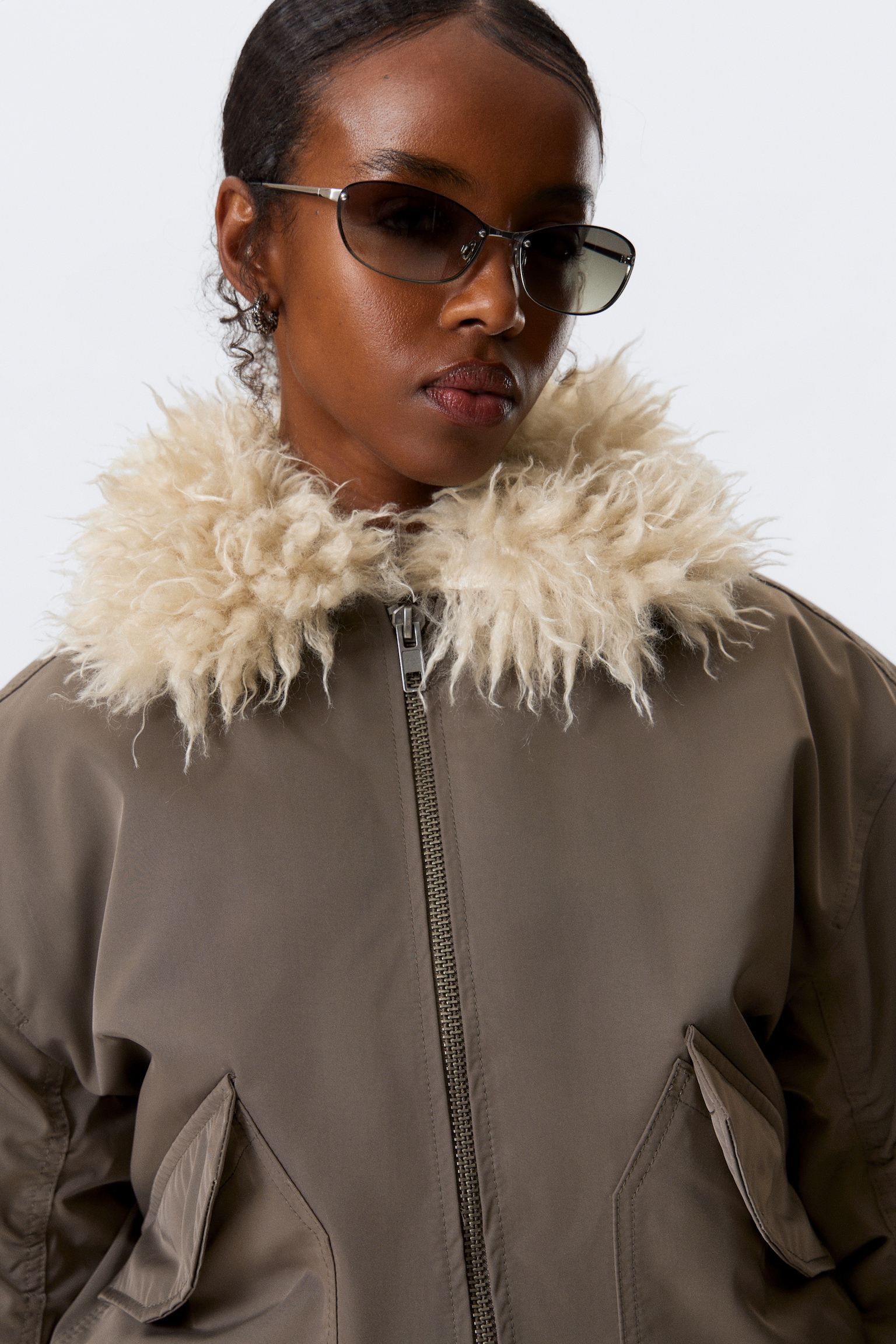 Faux Fur Collar Bomber Jacket - Dark Mole - 5