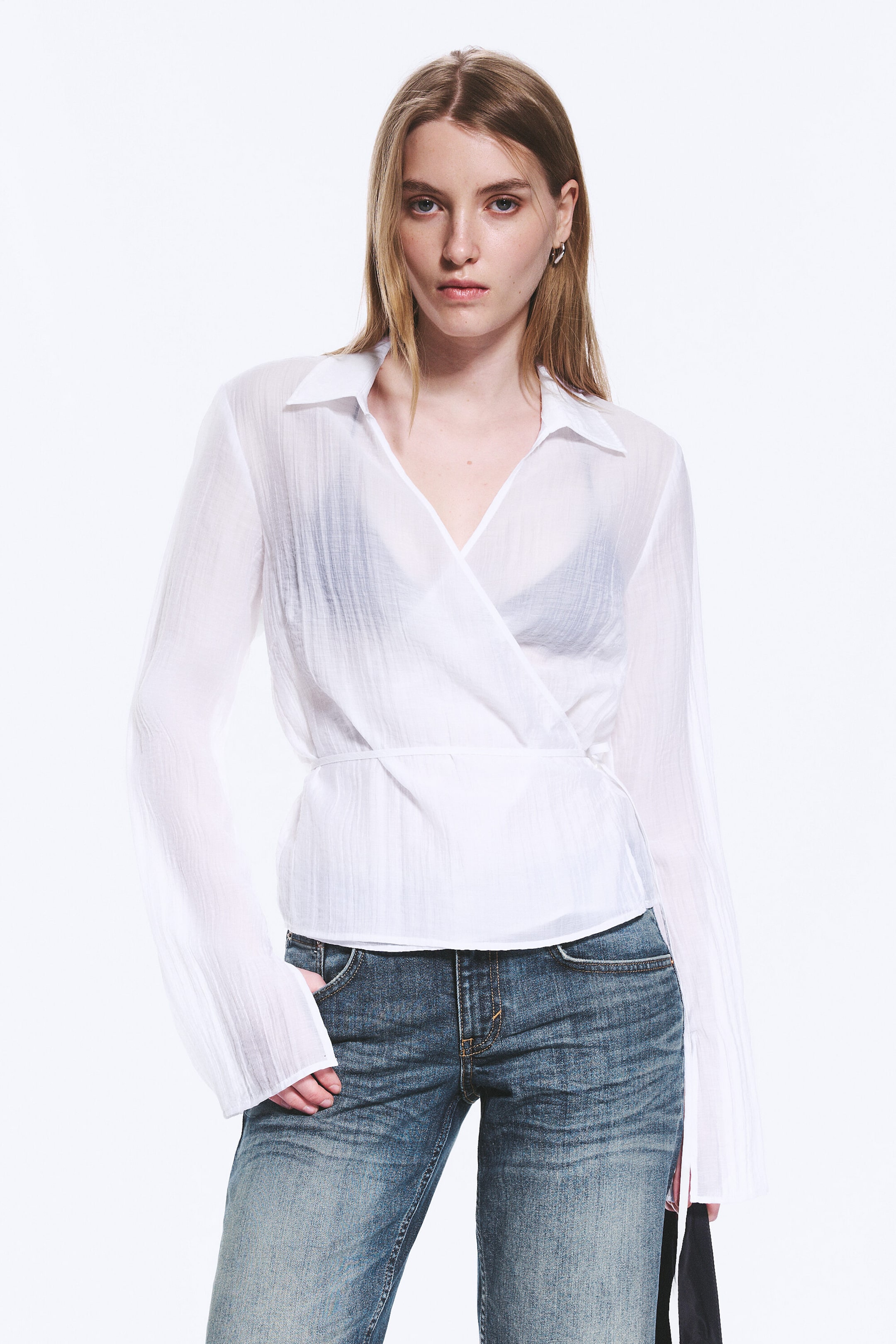 Transparent White - Textured Long-Sleeved Wrap Shirt - 1