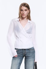 Transparent White - Textured Long-Sleeved Wrap Shirt - 0