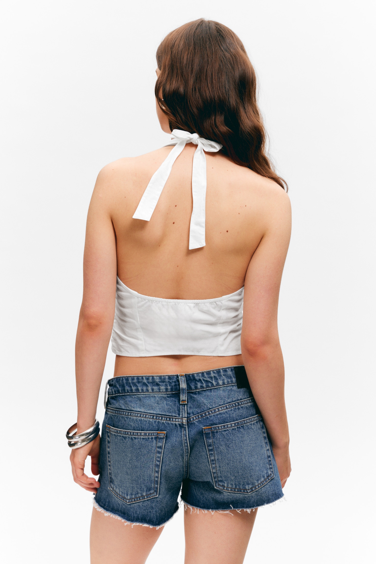 V-neck Cotton Halter Top - White - 5