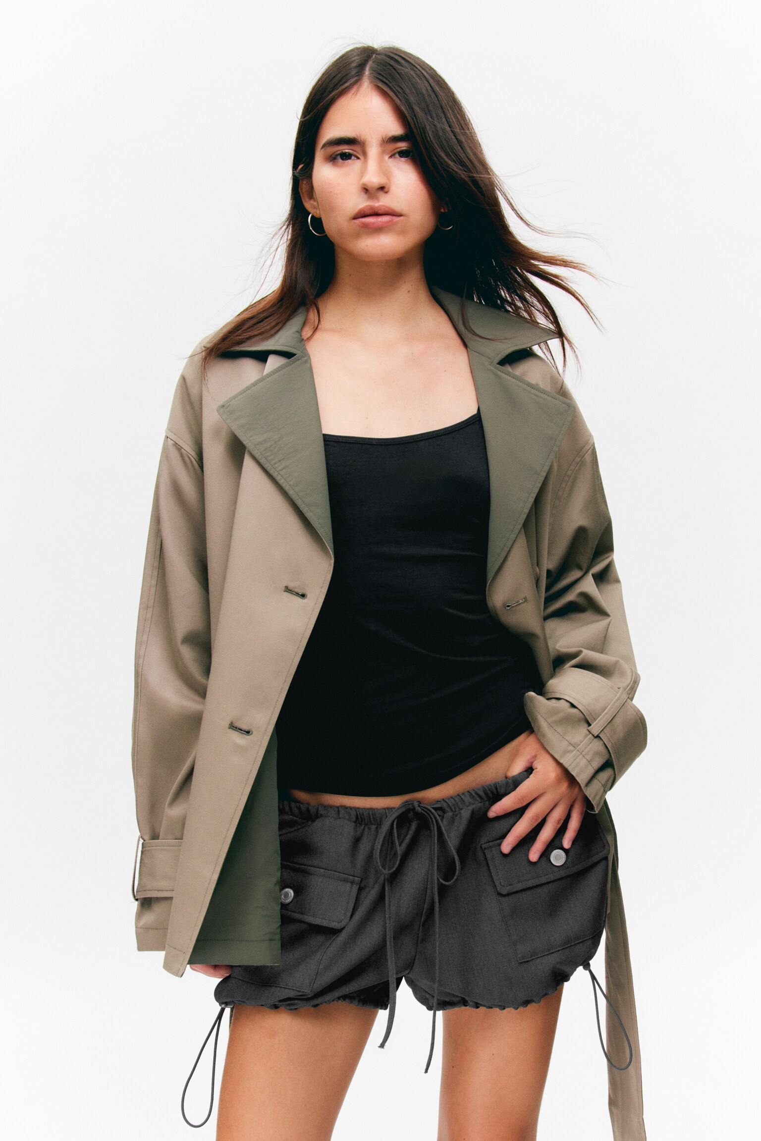 Short Double-Breasted Reversible Trench Coat - Beige & Khaki Green/Beige & Light Grey - 4