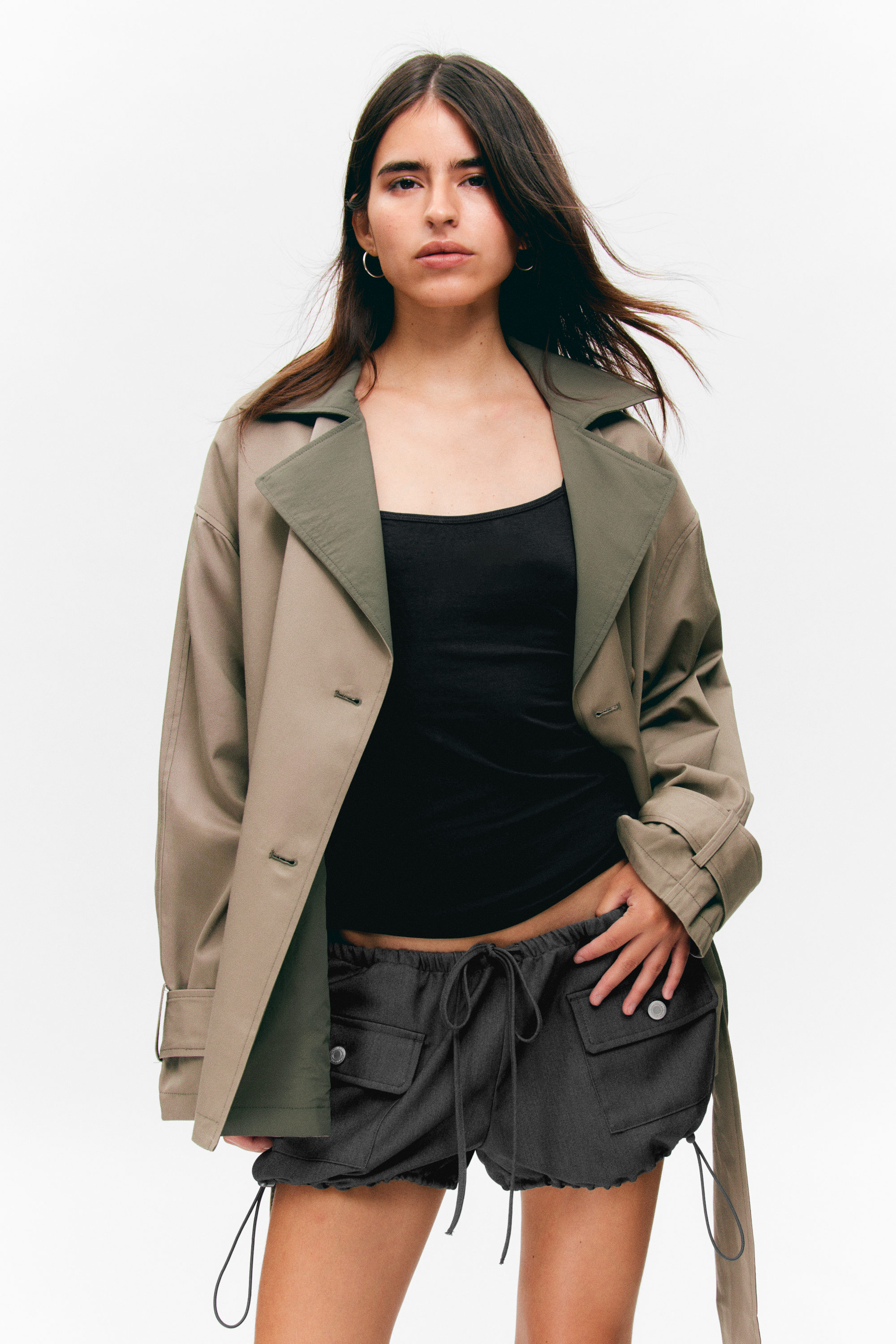 Beige & kakigroen - Korte double-breasted omkeerbare trenchcoat - 2