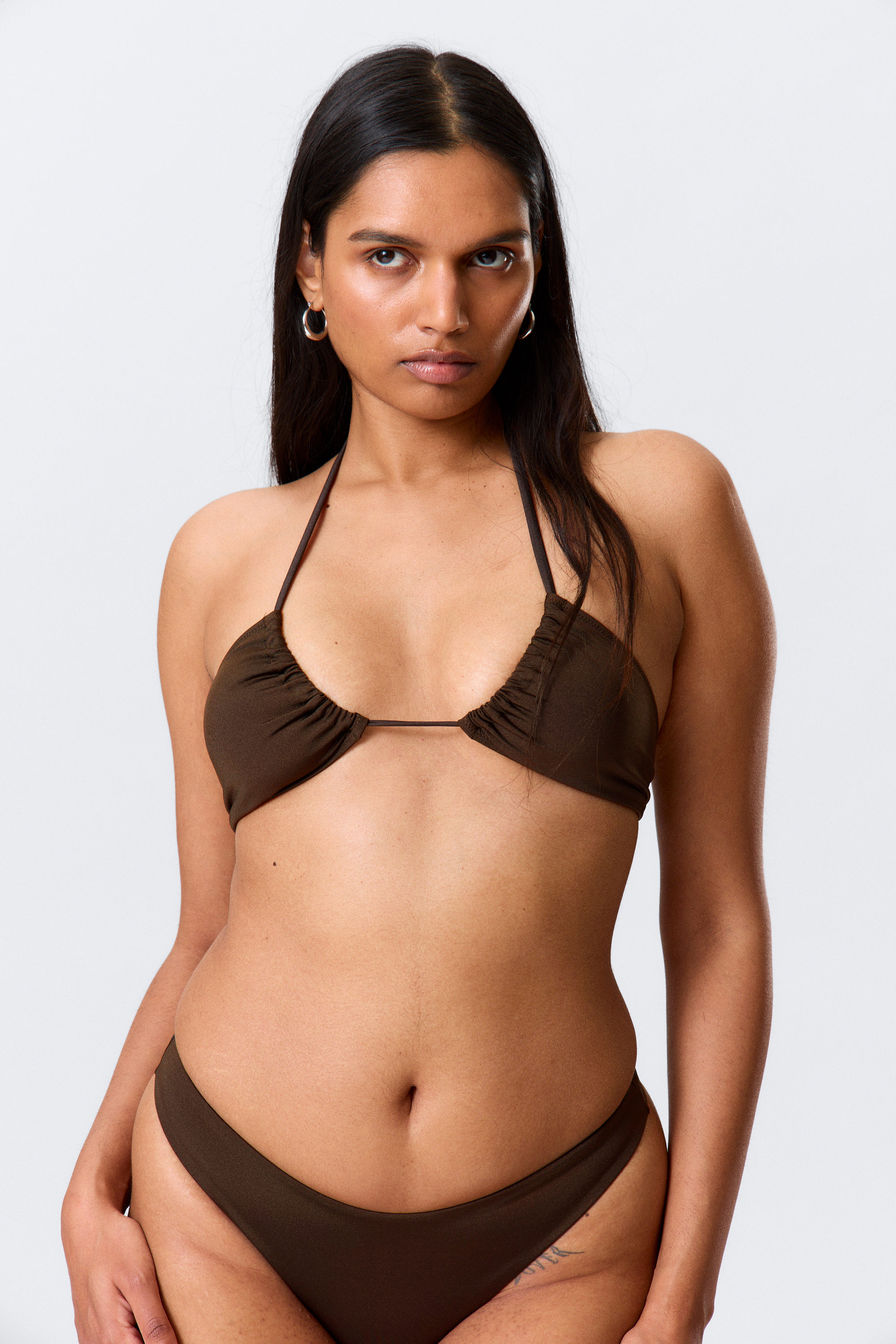 Dark Brown - Ruched Halter Bandeau Bikini Top - 4