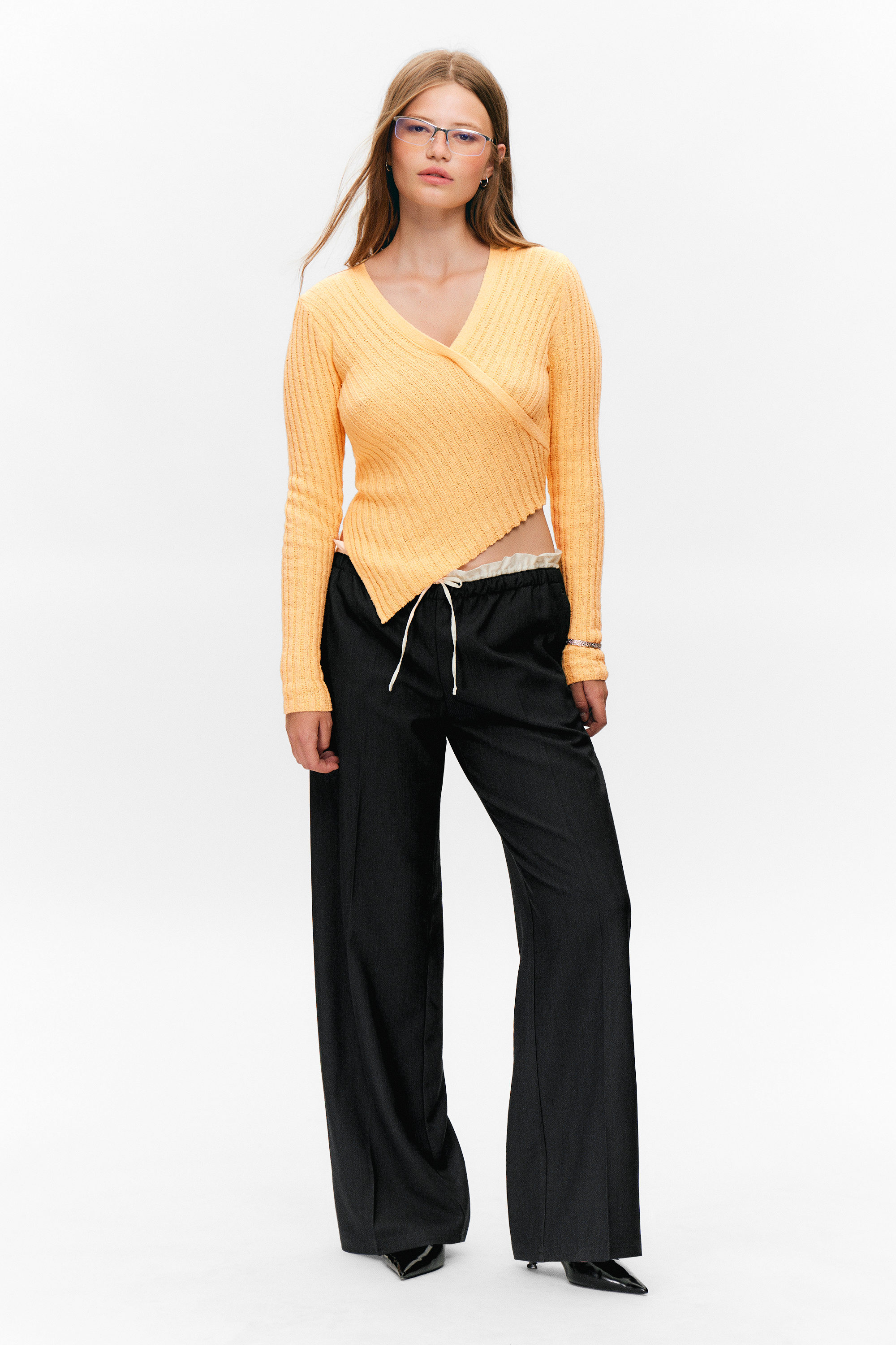 Yellow - Knitted Wrap-shaped Asymmetric V-neck Sweater - 2