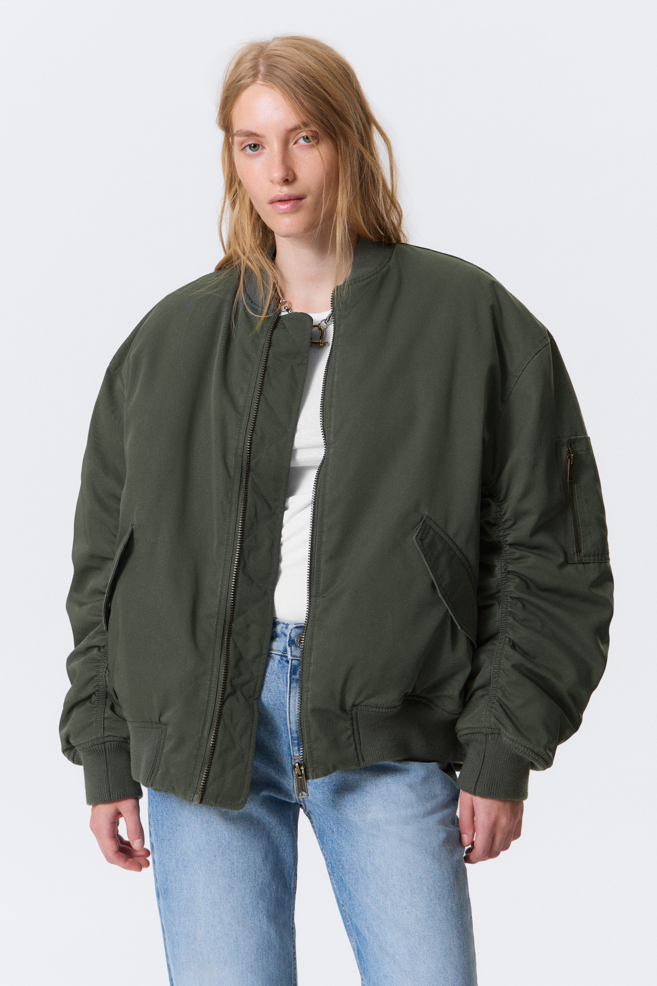 Dark Khaki Green - Oversized Twill Bomber Jacket - 2