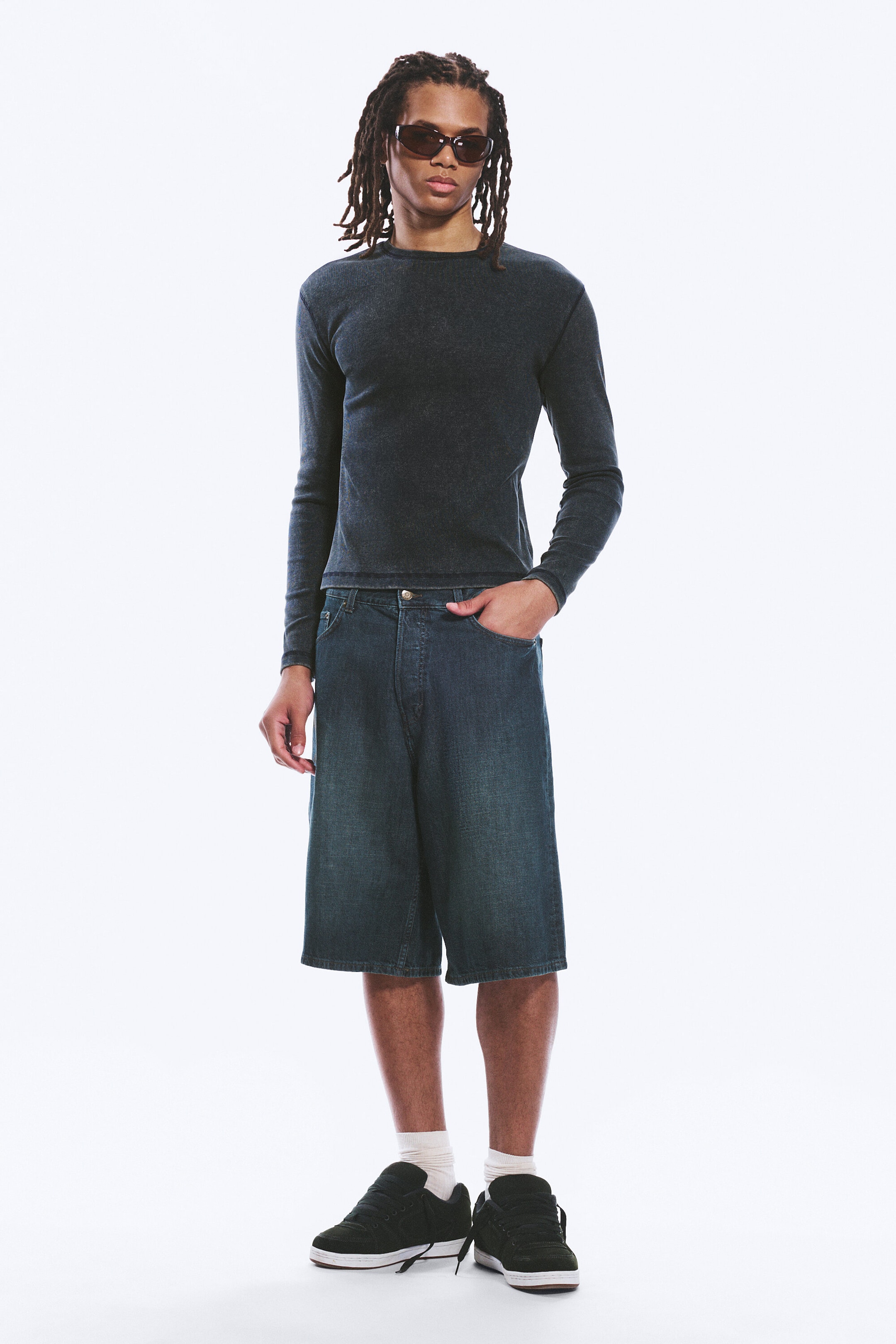 Lake Blue - Mittelblau - Astro Mid Waist Loose Baggy Denim Shorts - 1