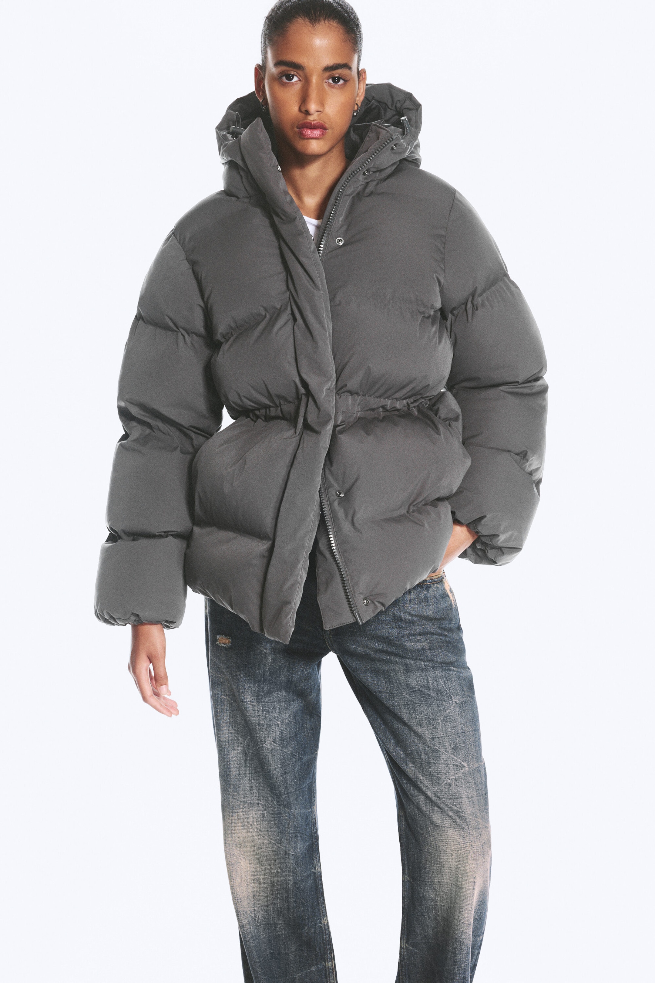 Dark Grey - Waisted puffer jacket - 0