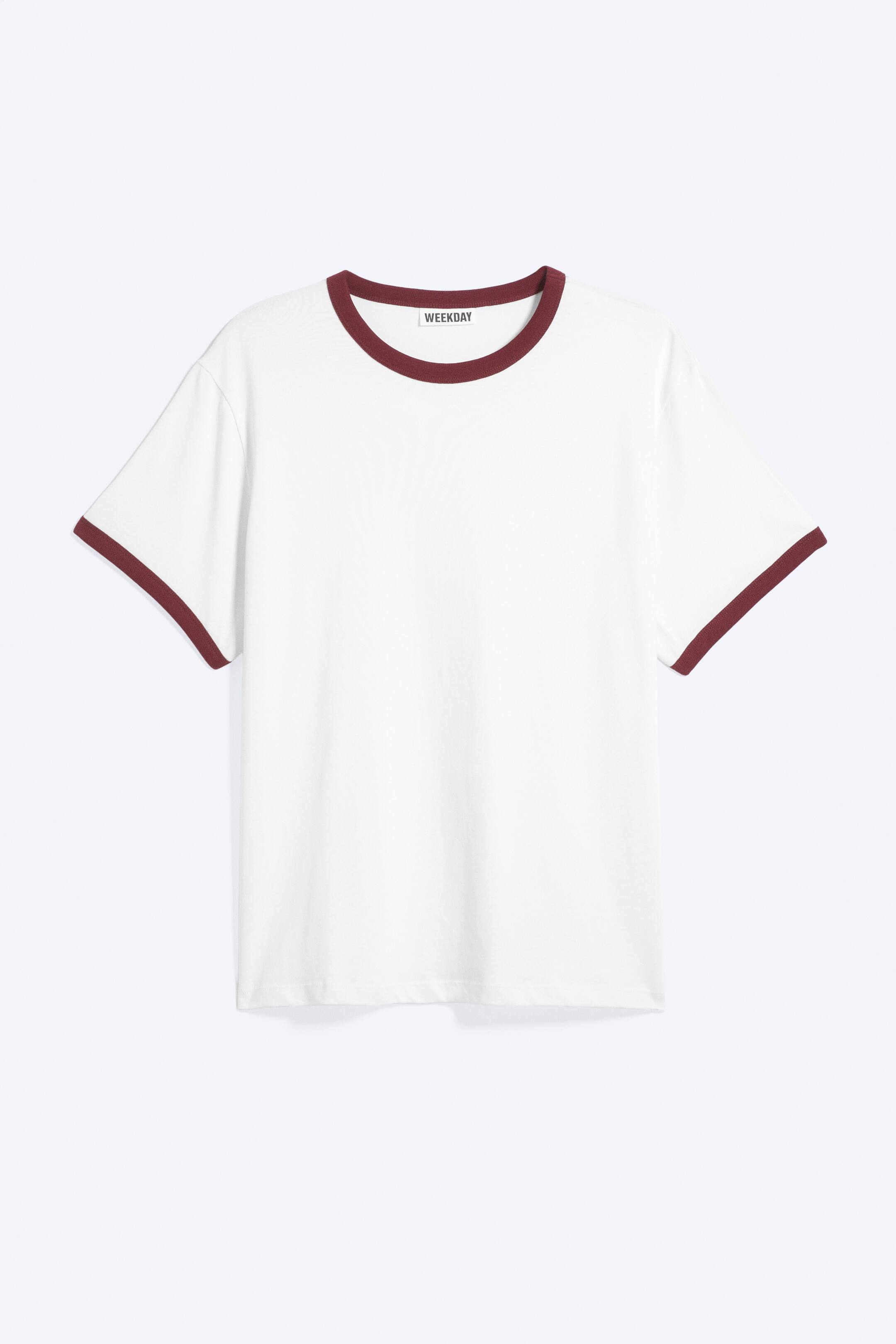 Agrandir l'image: Katoenen T-shirt met contrasterende boord en korte mouwen - Binding Wit - Rood - HOMME | H&M BE 1