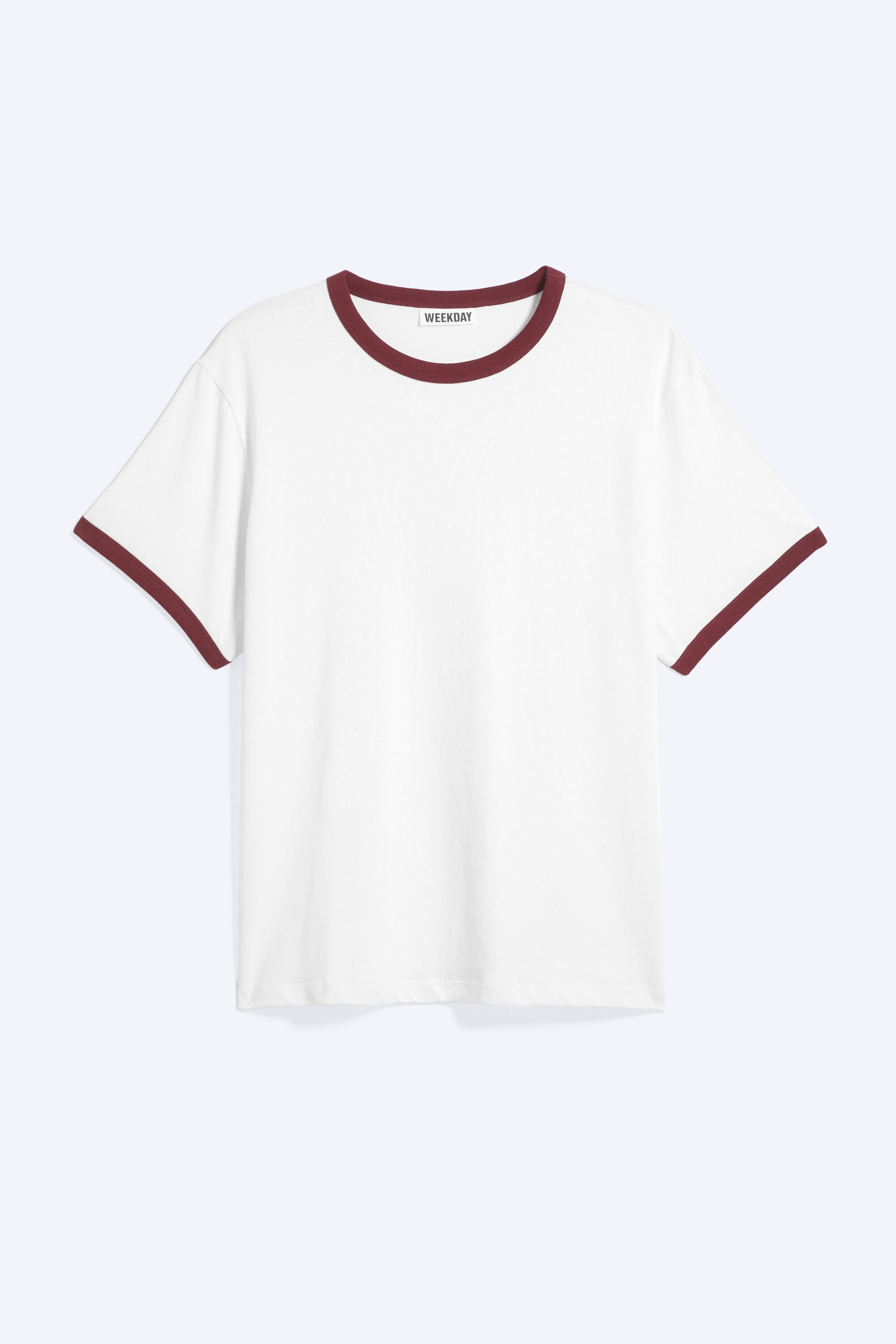White - Red Binding - Short-Sleeved Contrast Trim Cotton T-shirt - 0
