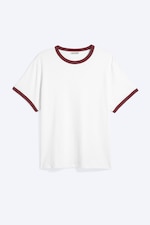 White - Red Binding - Short-Sleeved Contrast Trim Cotton T-shirt - 0