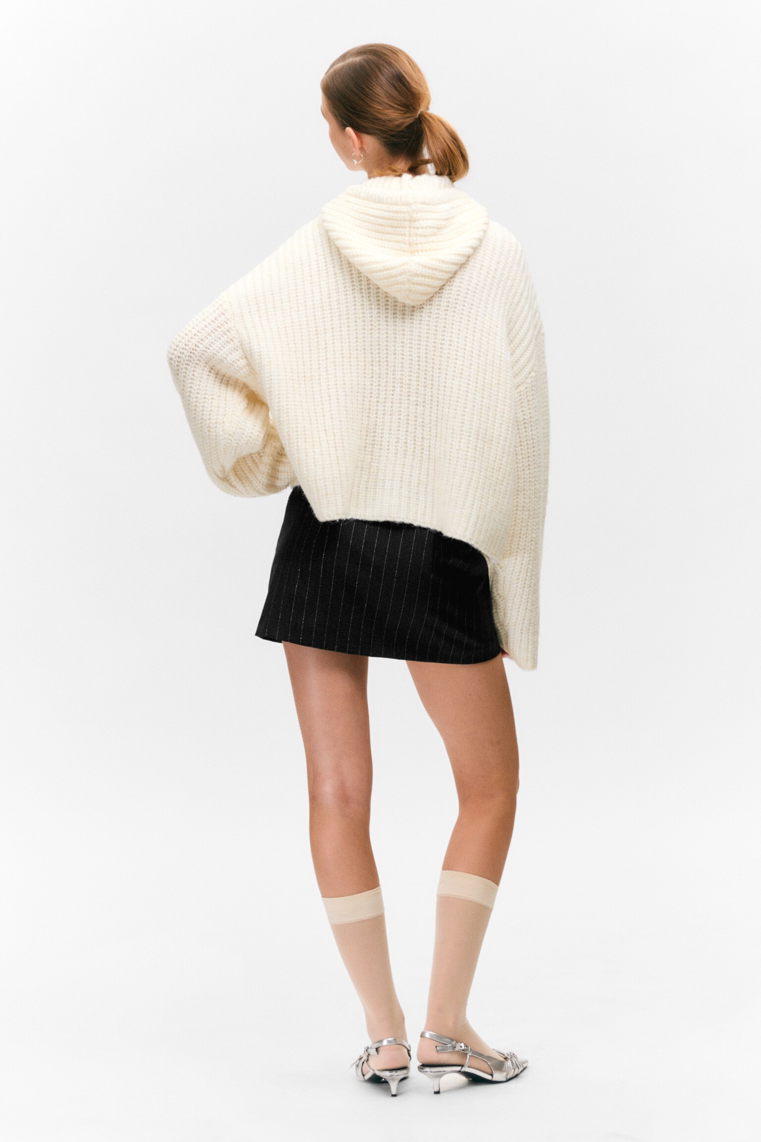 Knitted Drawstring Hoodie - White - 3