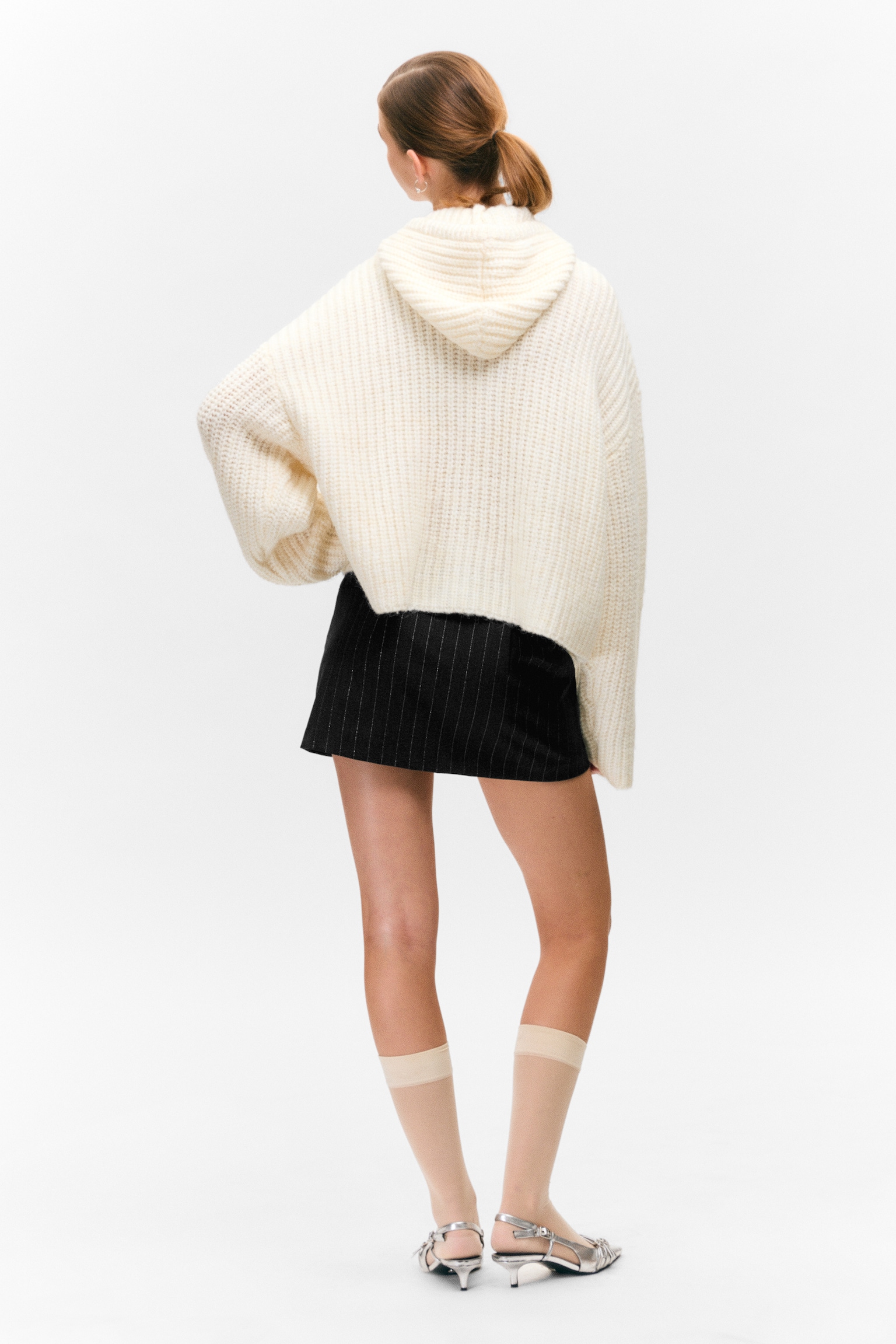 Knitted Drawstring Hoodie - White - 3