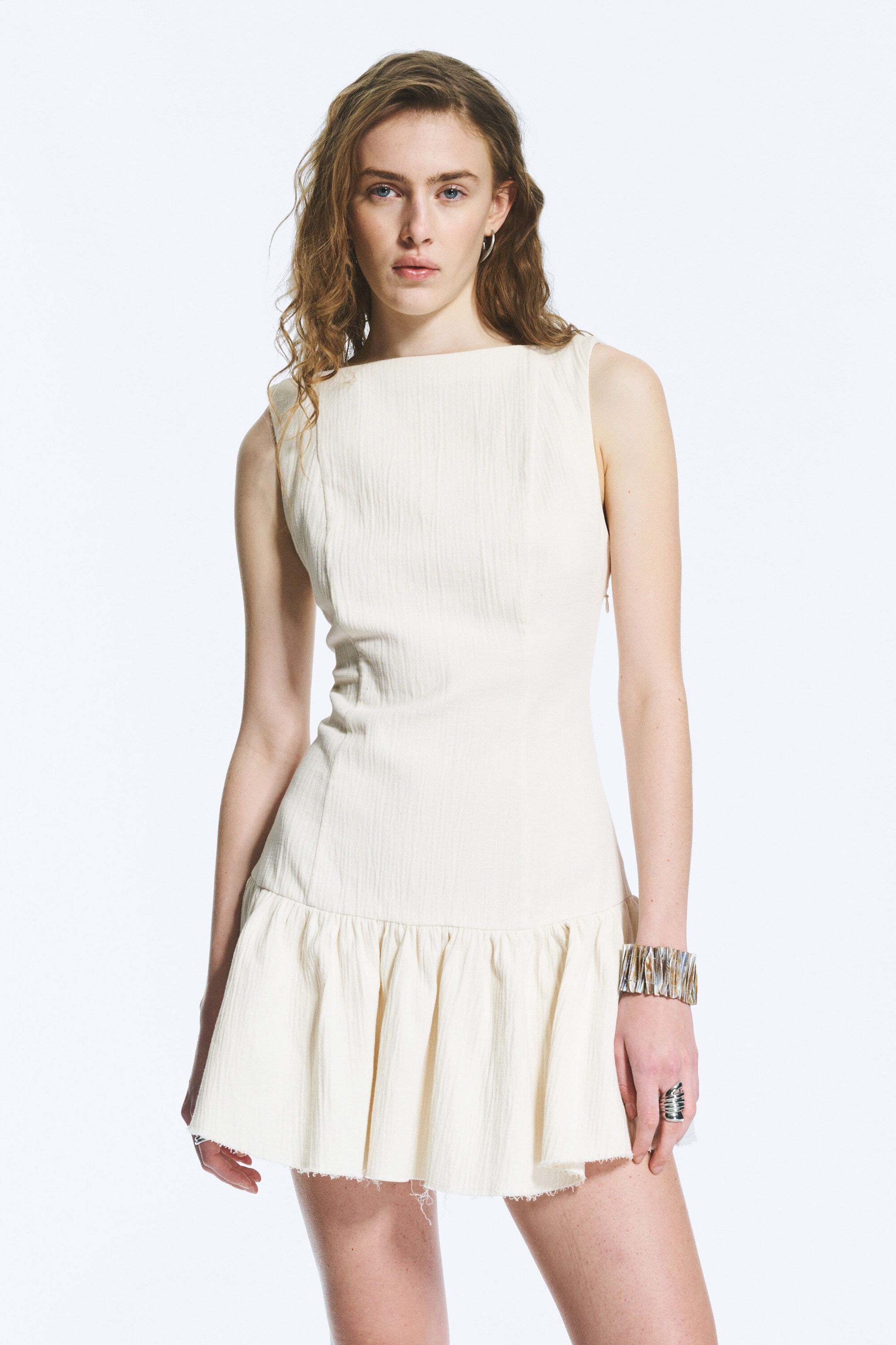 Vit - Ärmlös miniklänning i bomullstwill - 2