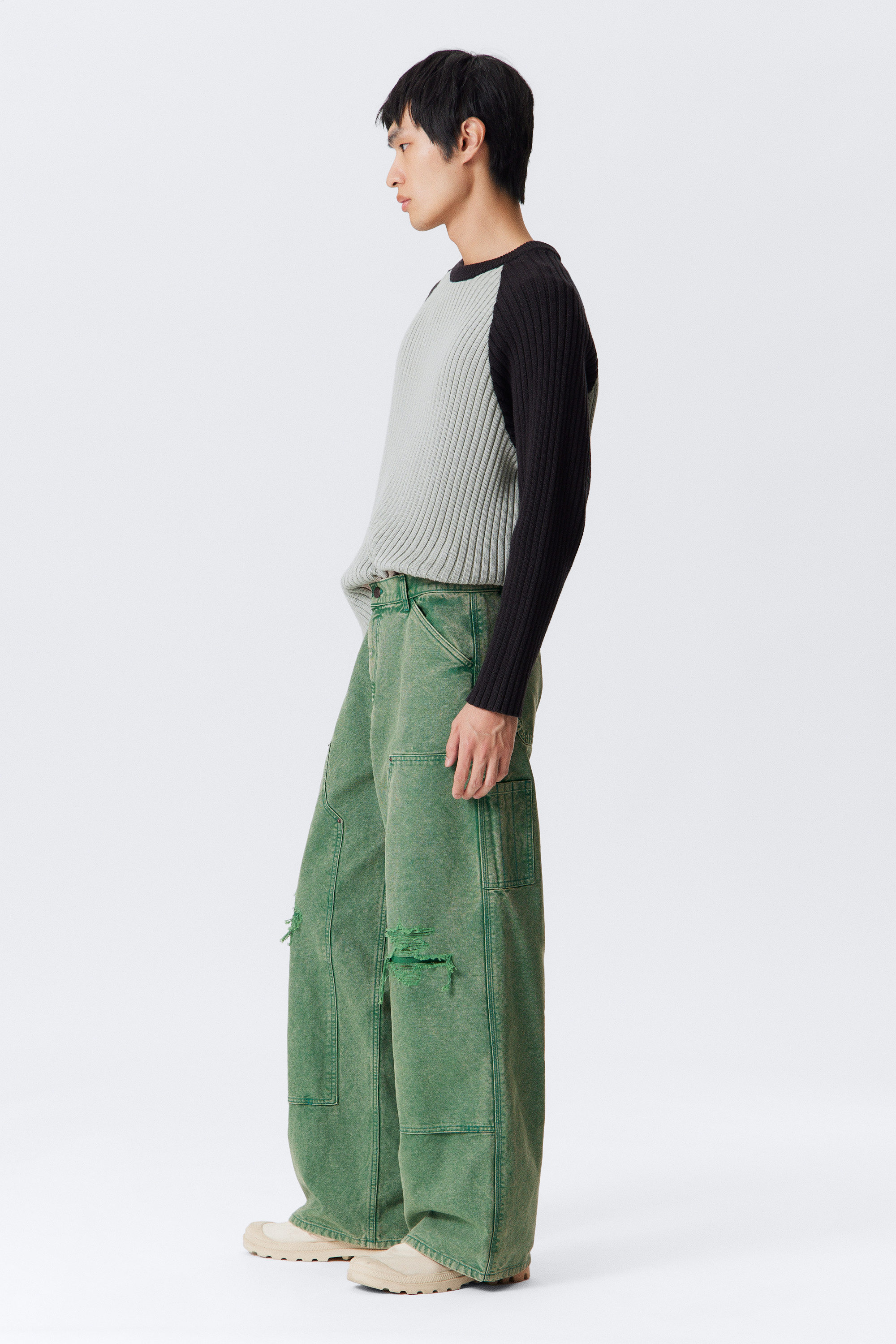 Washed Green - Low Rise Loose Fit Workwear Trousers - 3