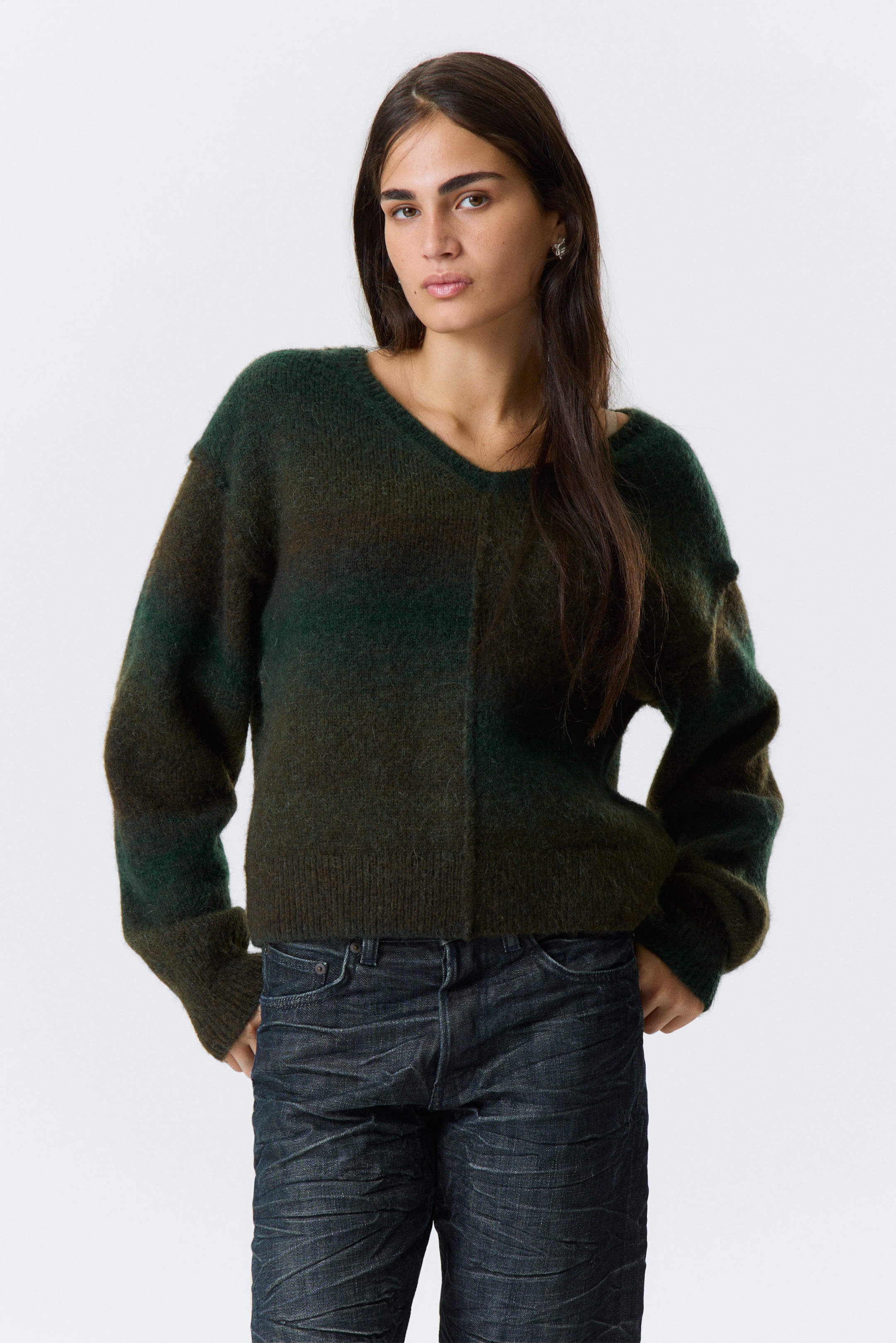 Dark Green - Space Dye - Space Dye V-Neck Knitted Sweater - 1