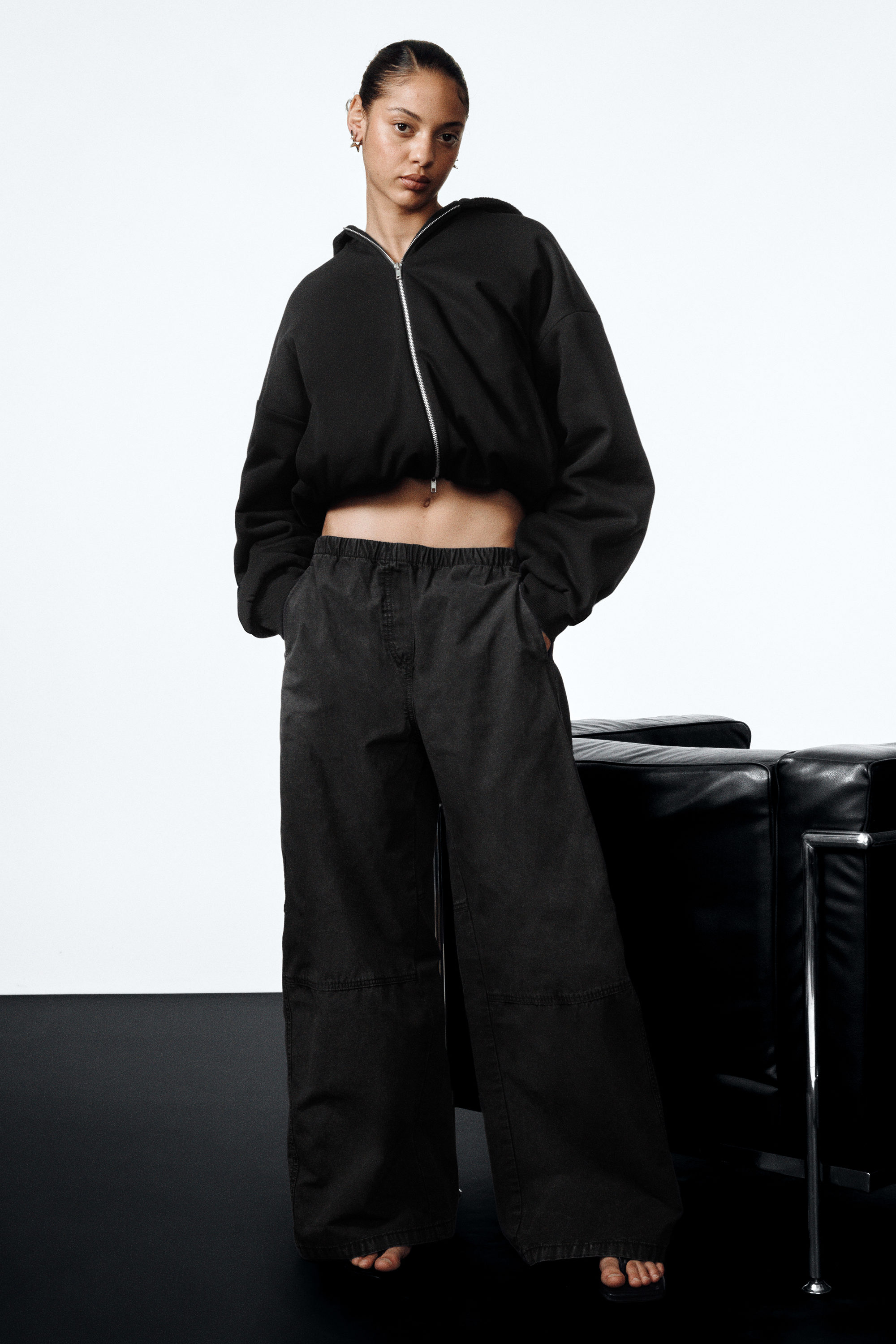 Washed Black - Low Rise Baggy Washed Canvas Trousers - 1