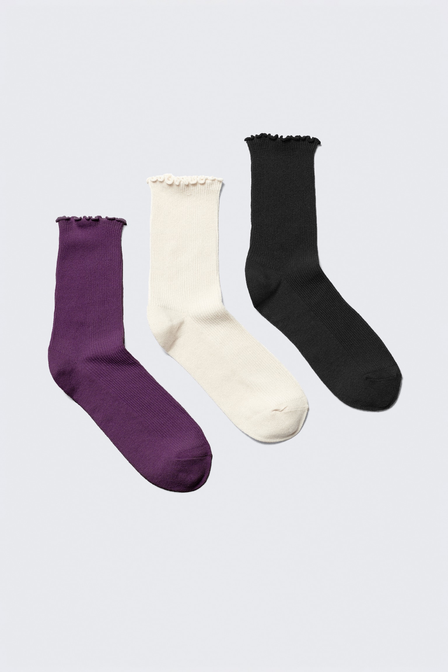 Pack de 3 calcetines con bordes rizados - Morado oscuro/Blanco/Negro/Blanco/Negro - 1