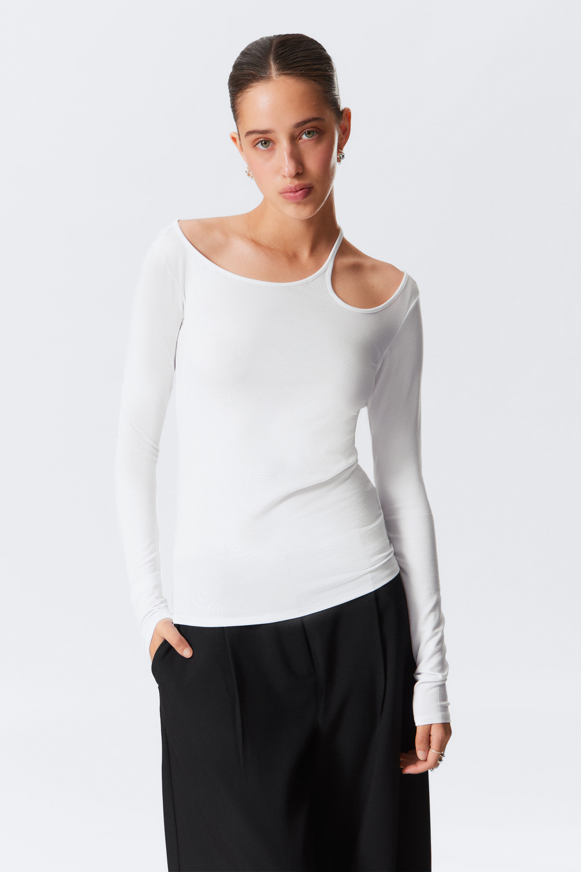 White - Long-Sleeved Off-Shoulder Top - 1