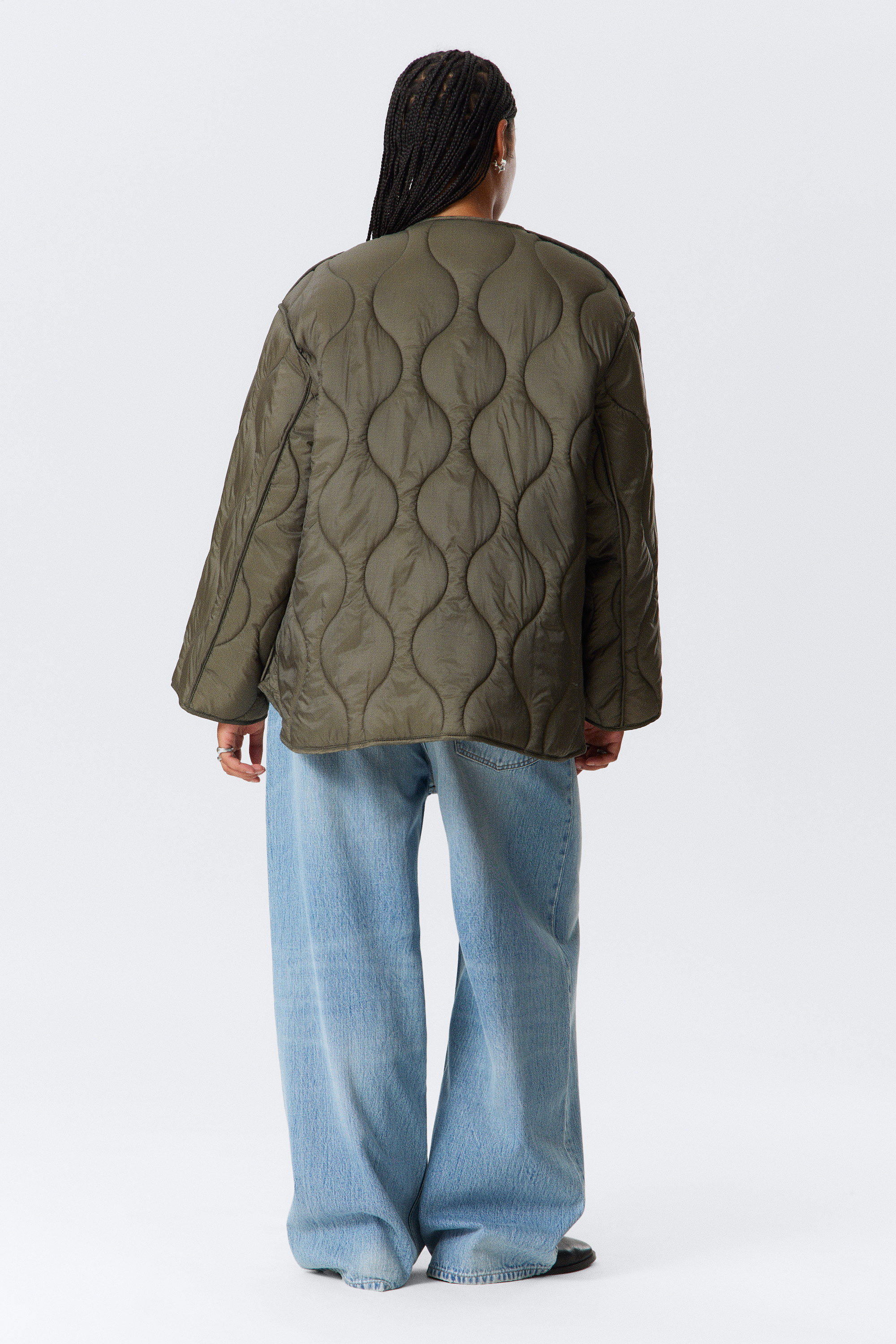 Dark Khaki Green - Oversized Quilted Liner Jacket - 3