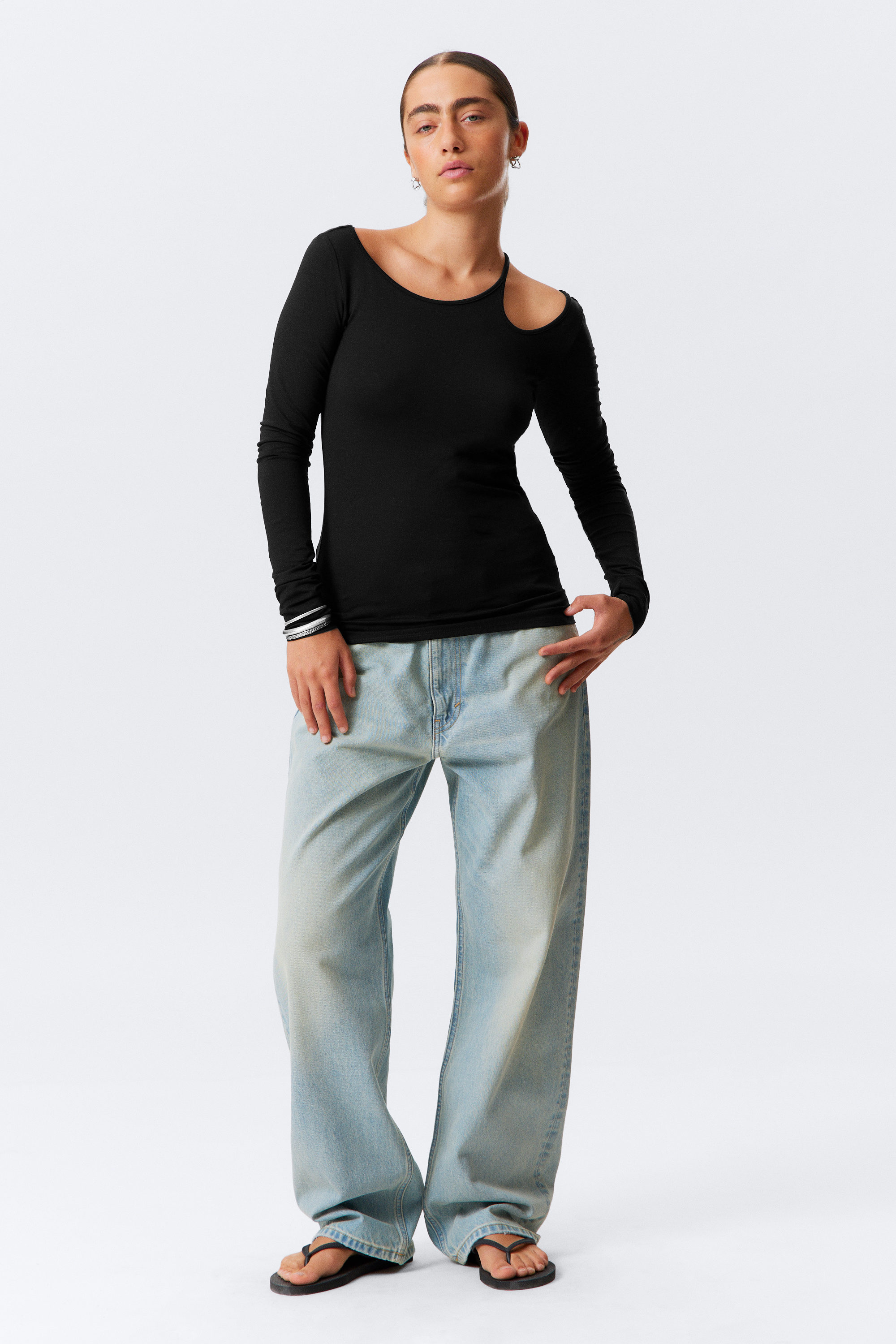 Black - Long-Sleeved Off-Shoulder Top - 2