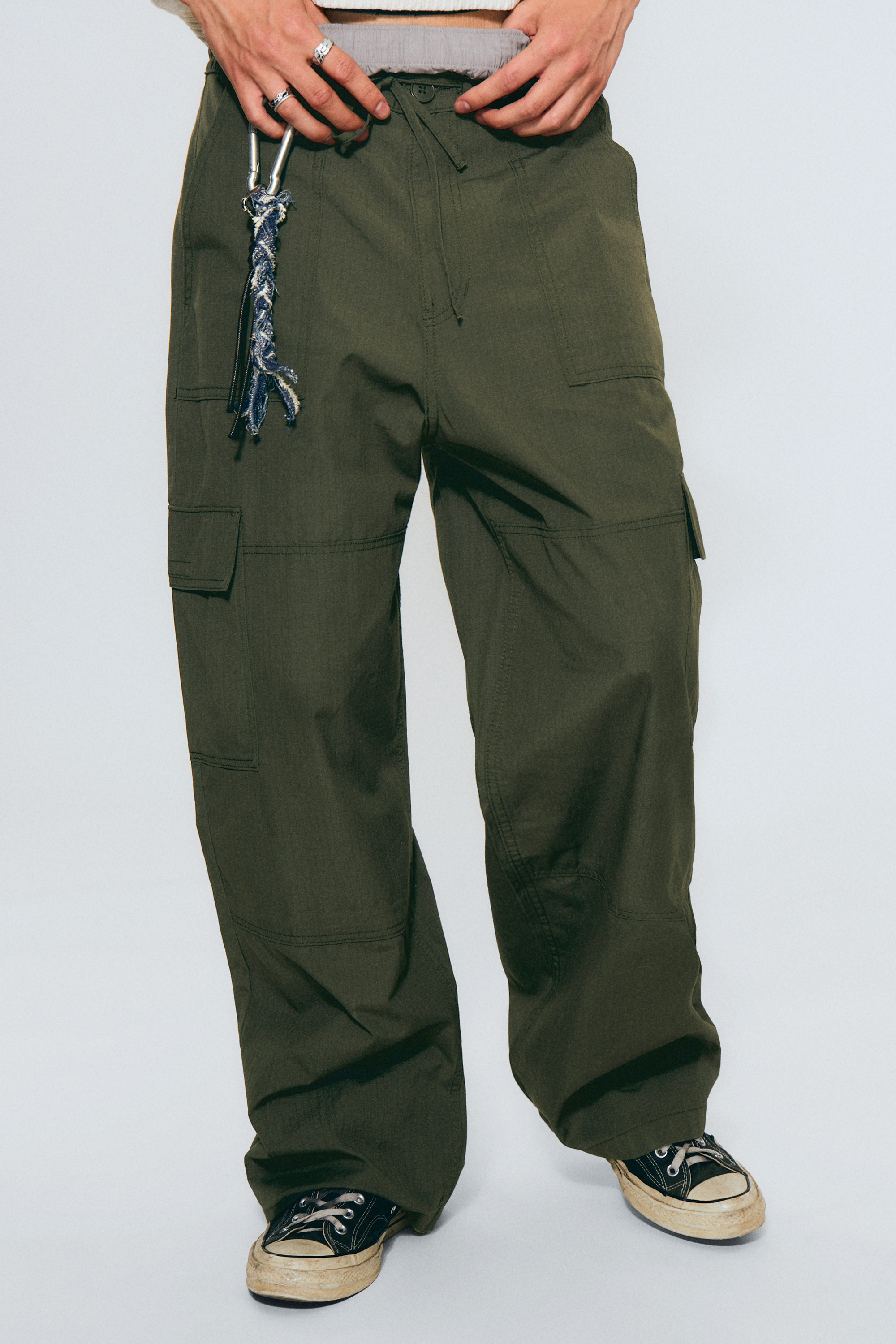 Dark Khaki Green - Baggy Ripstop Cargo Trousers - 2