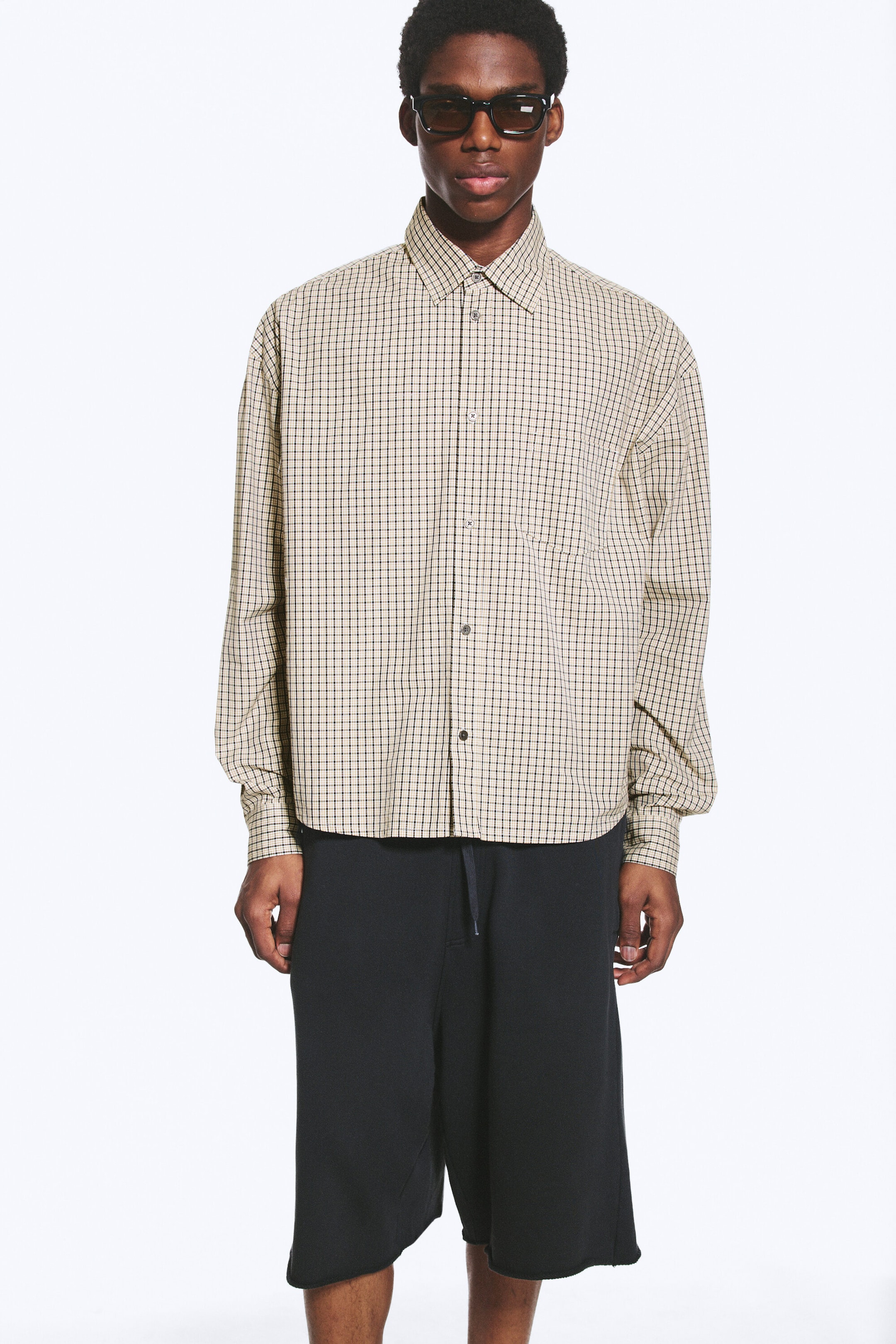 Beige ruit - Boxy overhemd van katoenen popeline met lange mouwen - 2