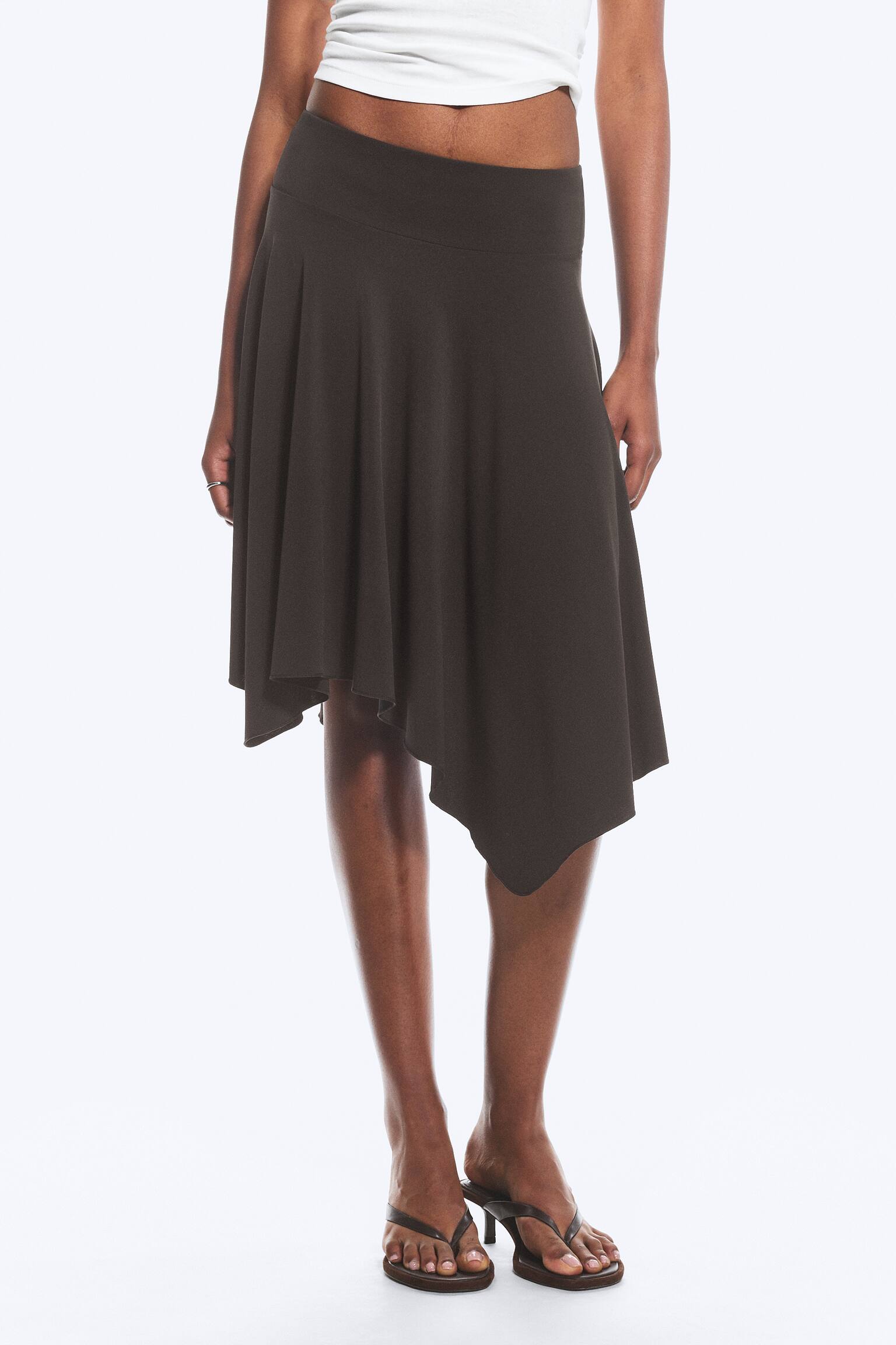Mid waist asymmetrisk kjol i jersey-Mörkbrun - 4