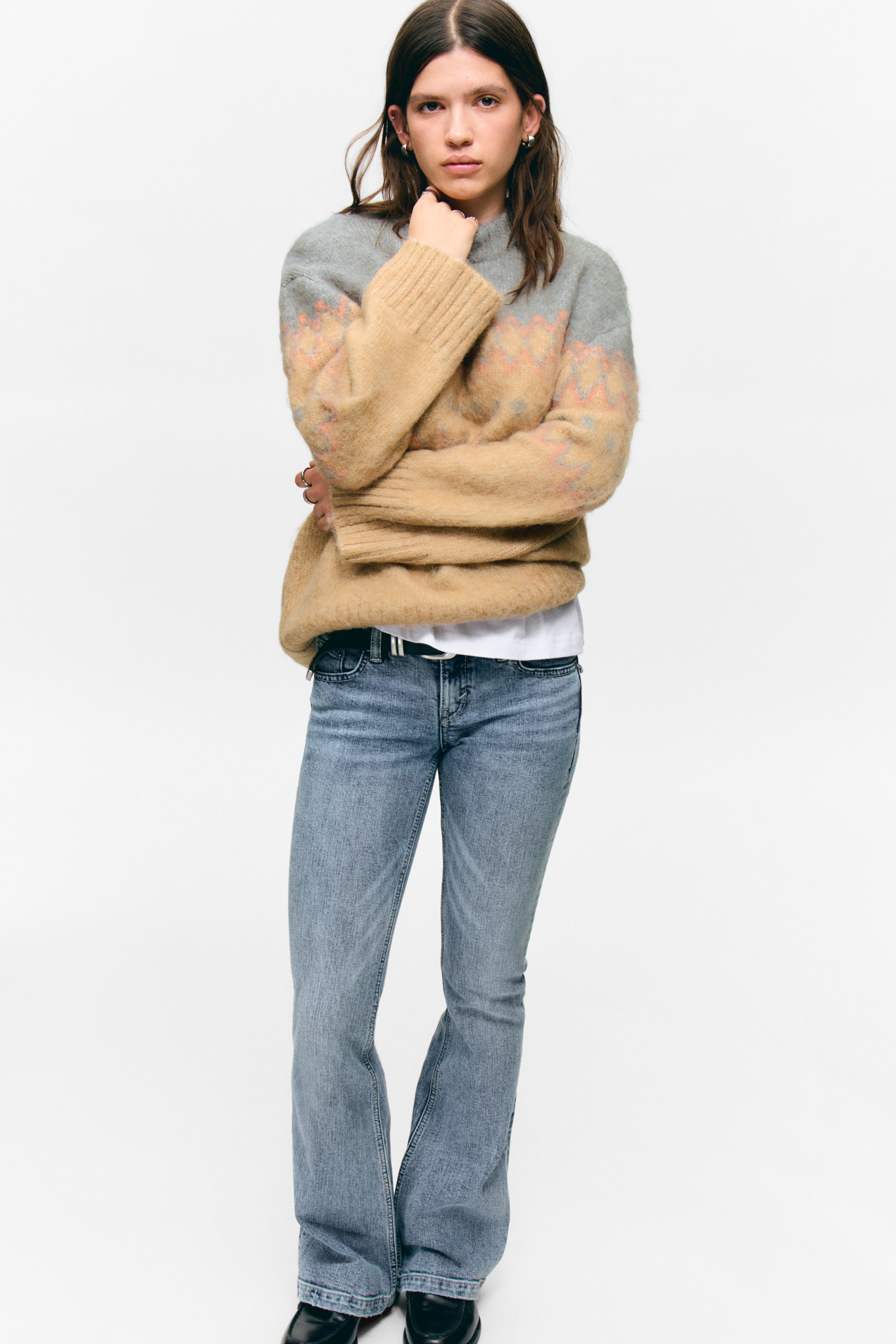 Beige/Grey Fairisle - Relaxed Fit Fluffy Knit Sweater - 2